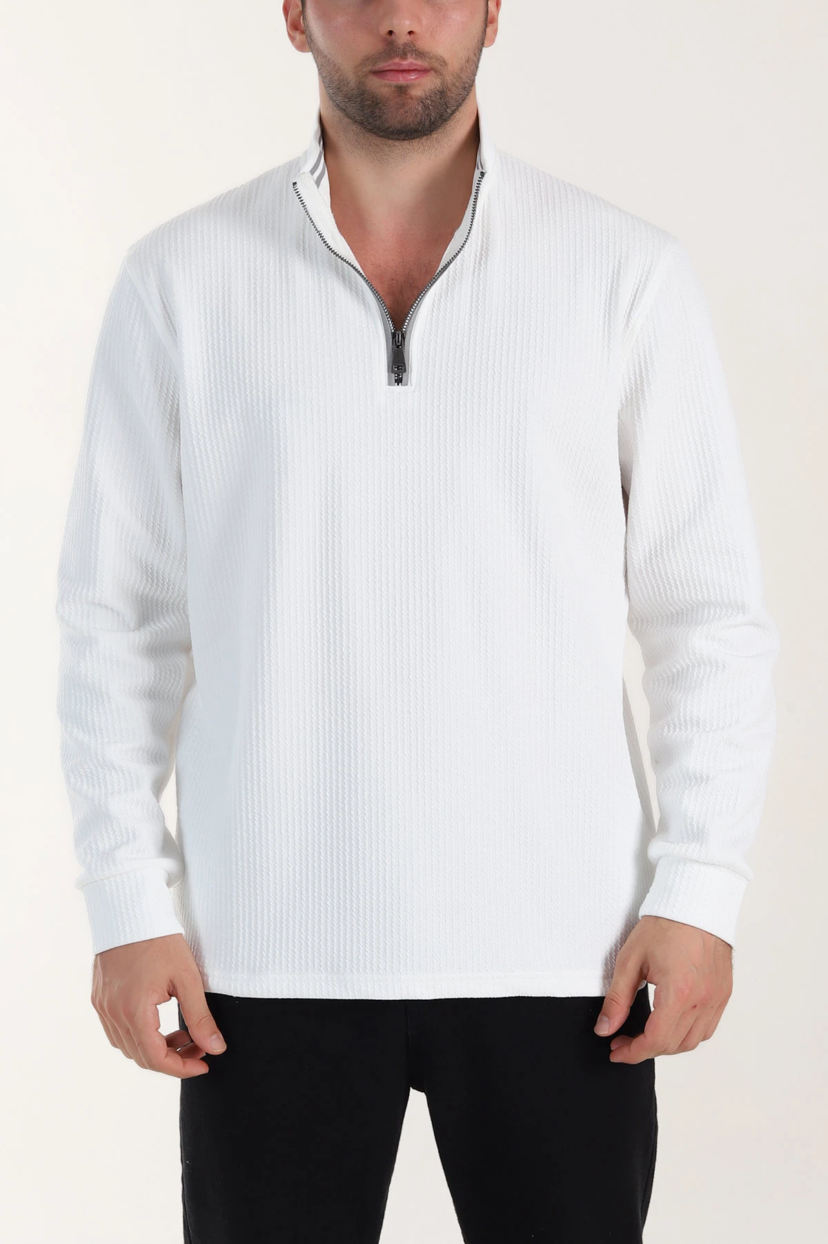 Beyaz Yarım Fermuarlı Polo Yaka Erkek Sweatshirt 410872