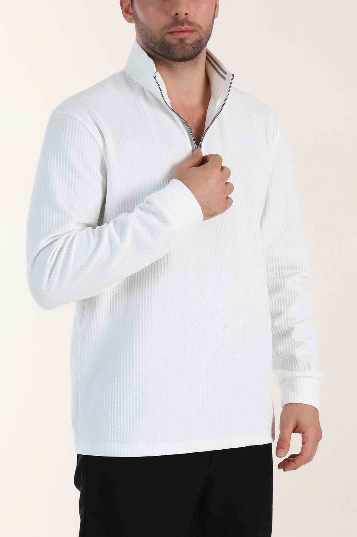 Beyaz Yarım Fermuarlı Polo Yaka Erkek Sweatshirt 410872
