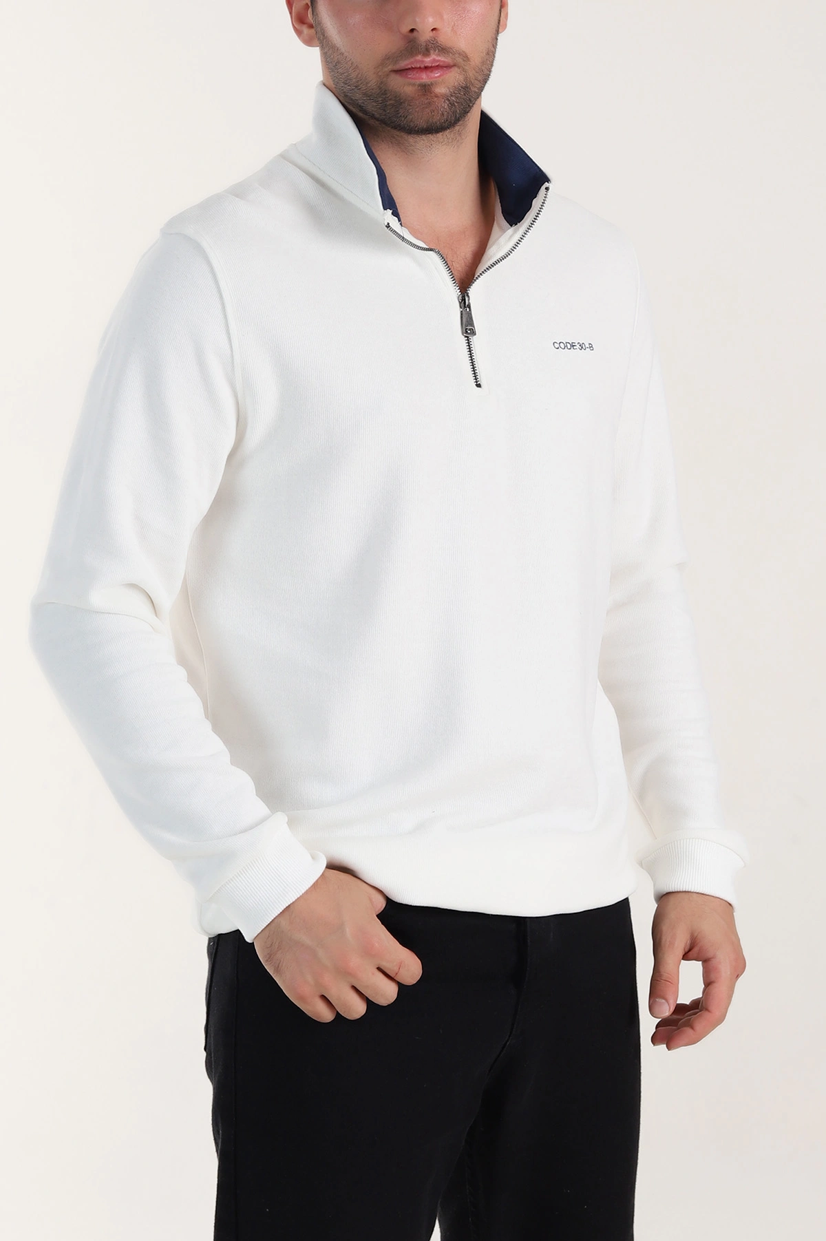 Beyaz Yarım Fermuarlı Polo Yaka Erkek Sweatshirt 410880