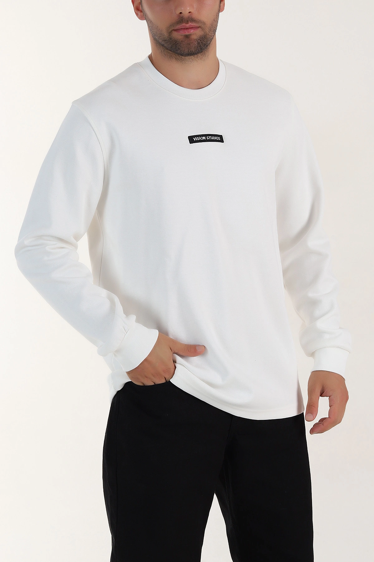 Beyaz Yazı Detaylı Bisiklet Yaka Erkek Sweatshirt 396911