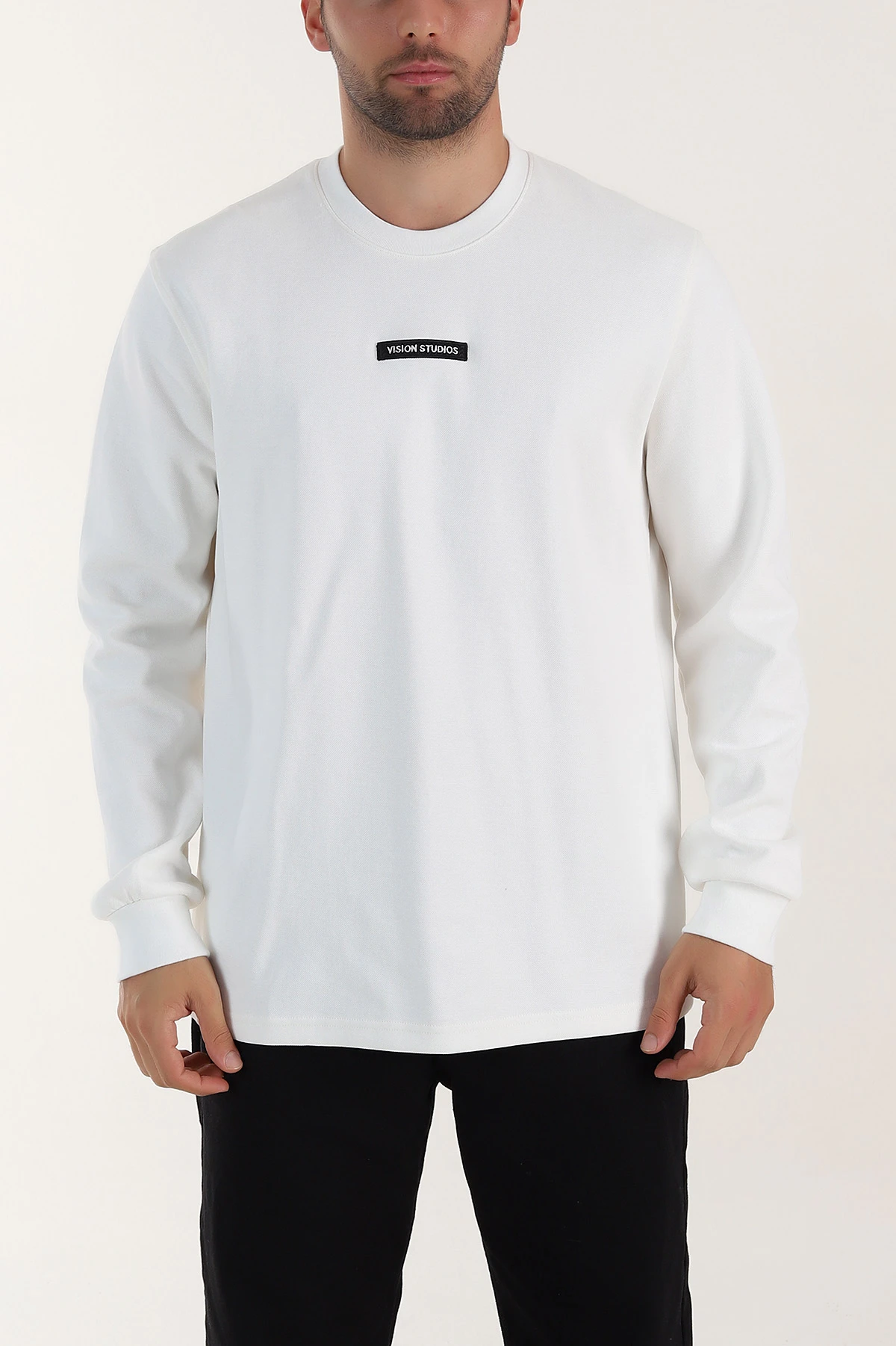 Beyaz Yazı Detaylı Bisiklet Yaka Erkek Sweatshirt 396911