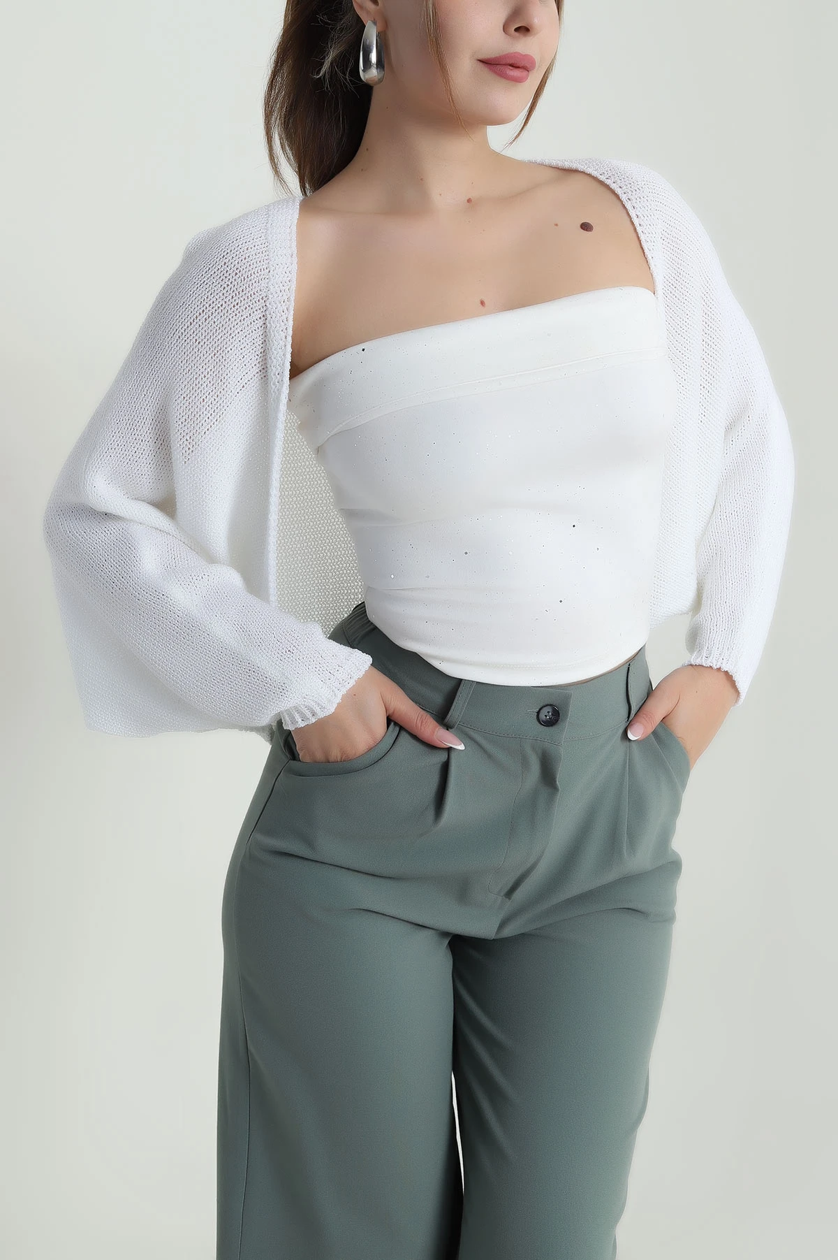 Beyaz Yeni Sezon Kadın Triko Bolero Hırka 487003
