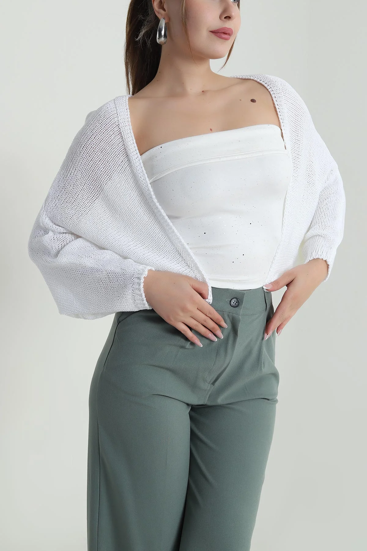 Beyaz Yeni Sezon Kadın Triko Bolero Hırka 487003