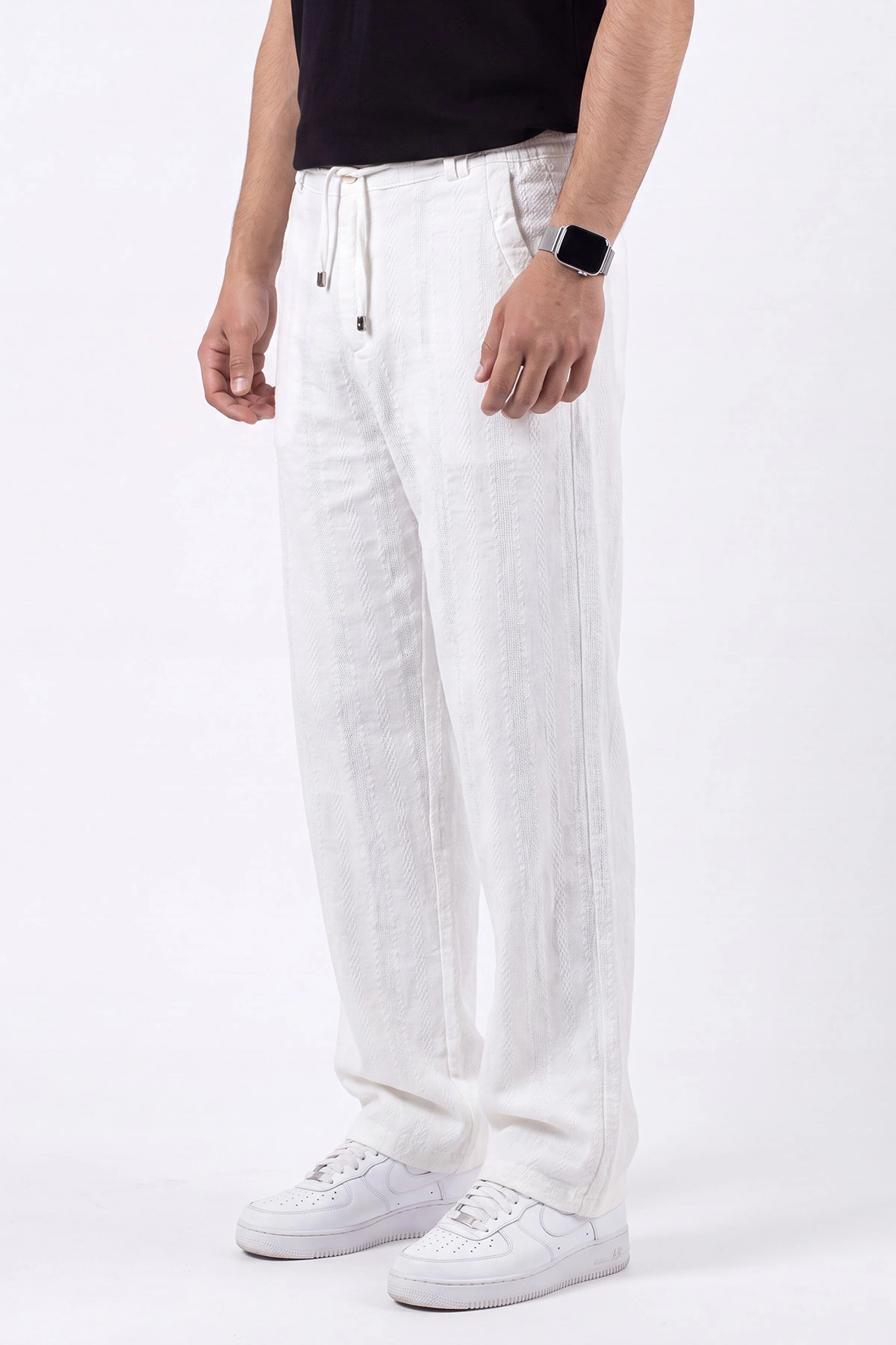 Beyaz Yeni Sezon Keten Baggy Belden Bağlamalı Erkek Pantolon 471915