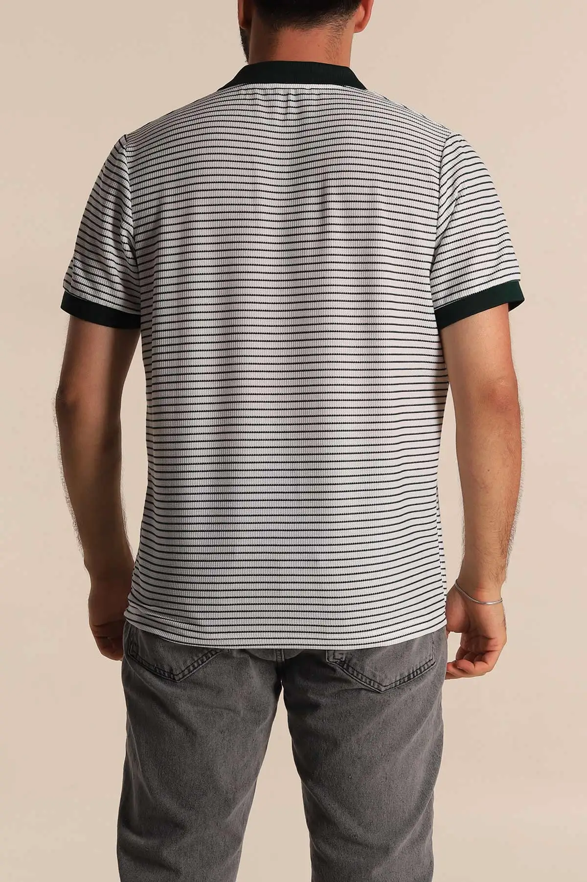 Beyaz Zümrüt Yeşili Çizgili Regular Fit Polo Yaka Erkek Tişört 277105