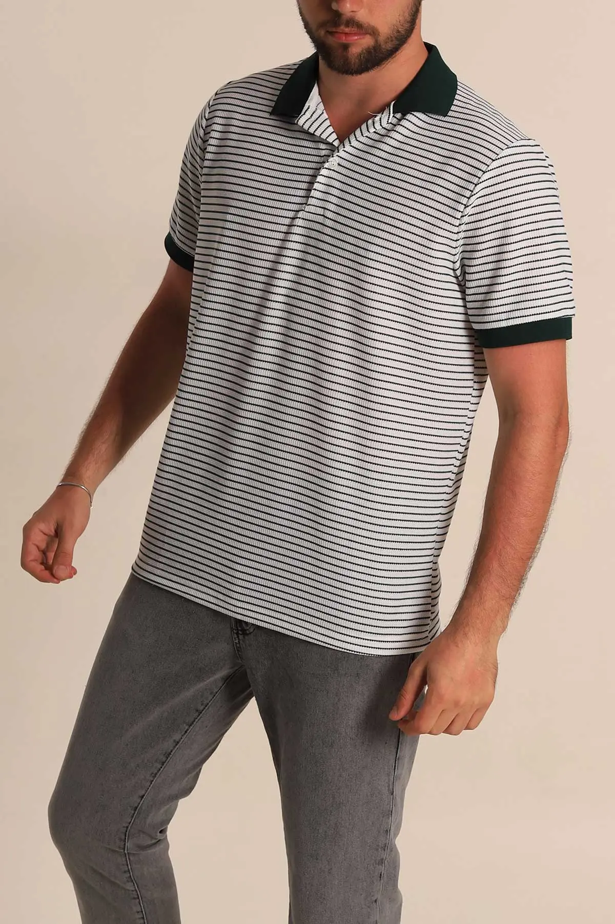Beyaz Zümrüt Yeşili Çizgili Regular Fit Polo Yaka Erkek Tişört 277105