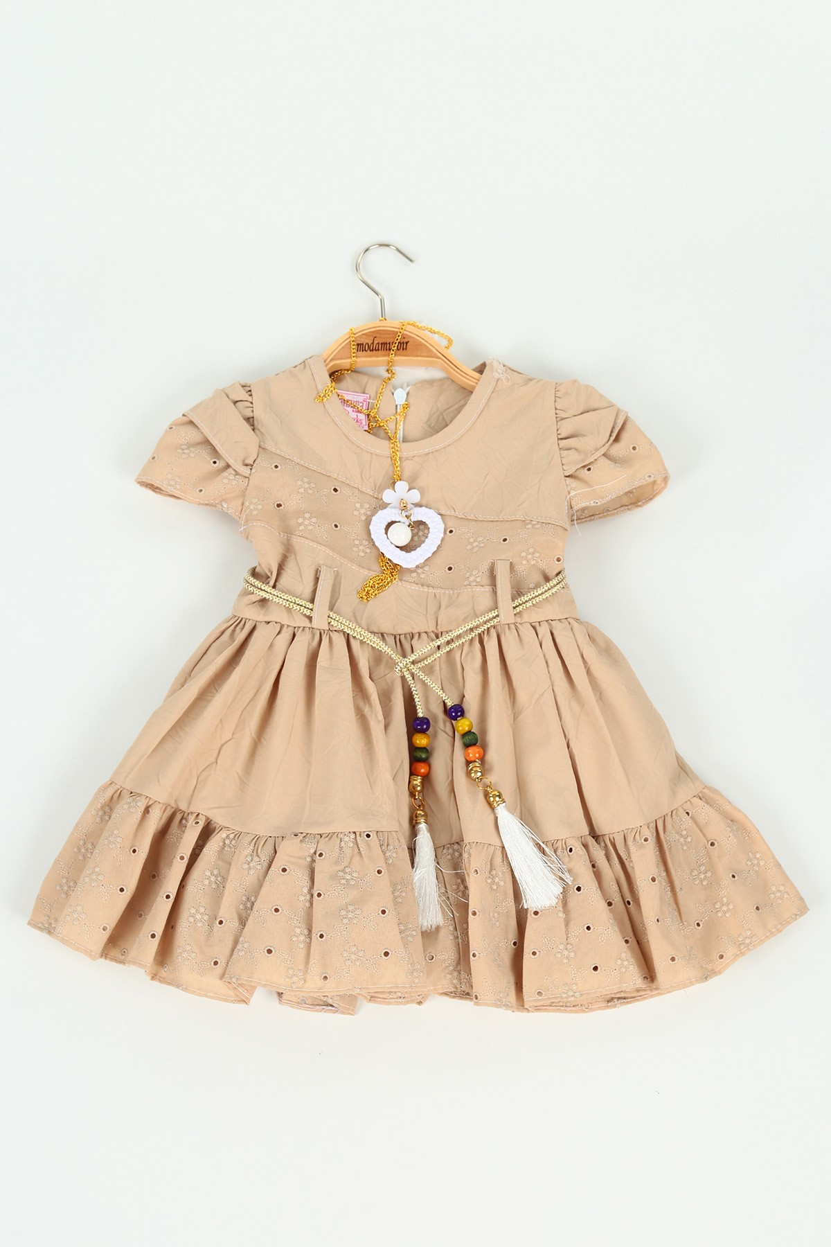 Bisküvi (1-4 yaş) Kemerli Fisto İşlemeli Kız Çocuk Elbise 118176