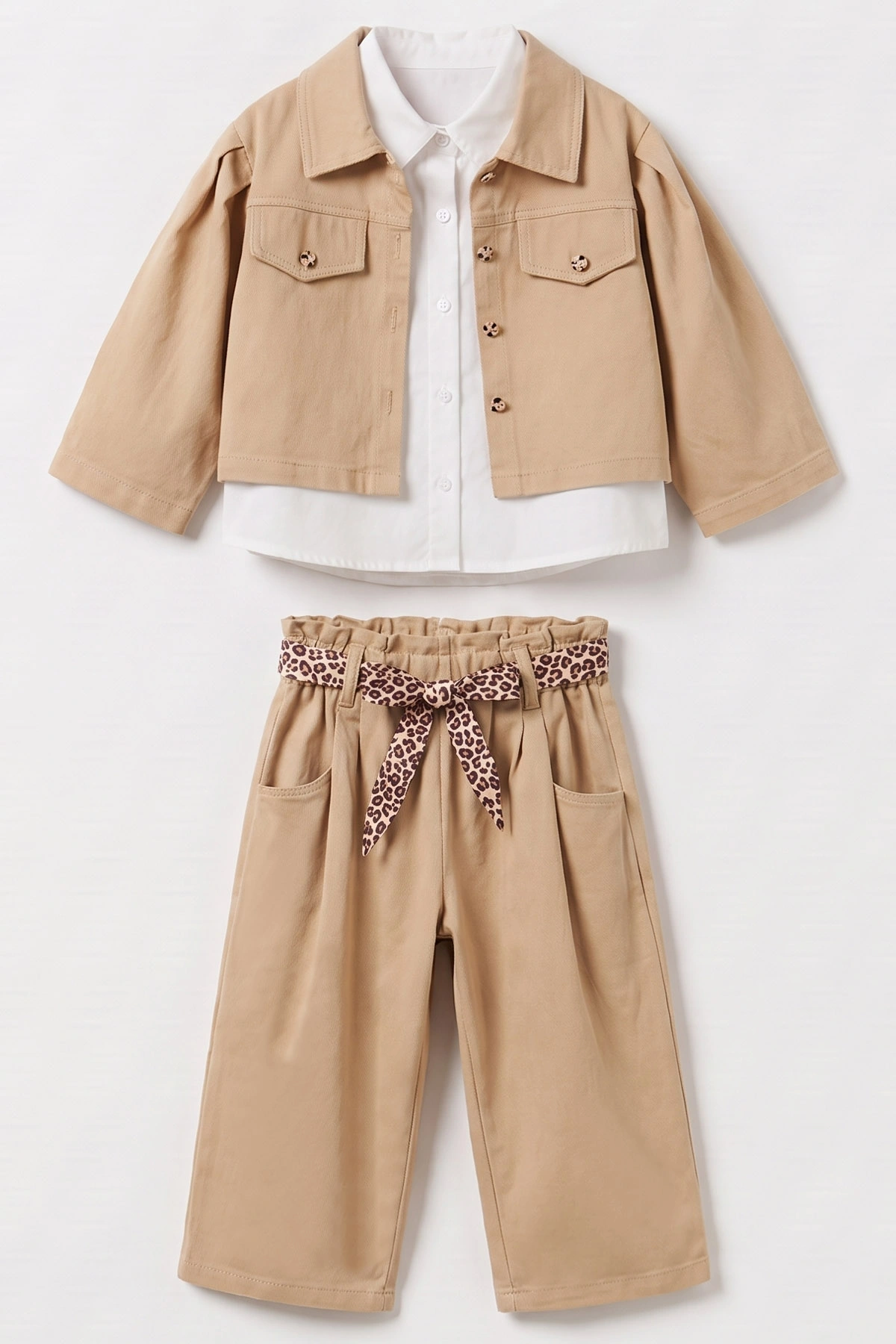 Bisküvi (1-5 Yaş) Leopar Kemerli Gömlek ve Ceketli Gabardin Kız Çocuk 3'lü Takım 473405