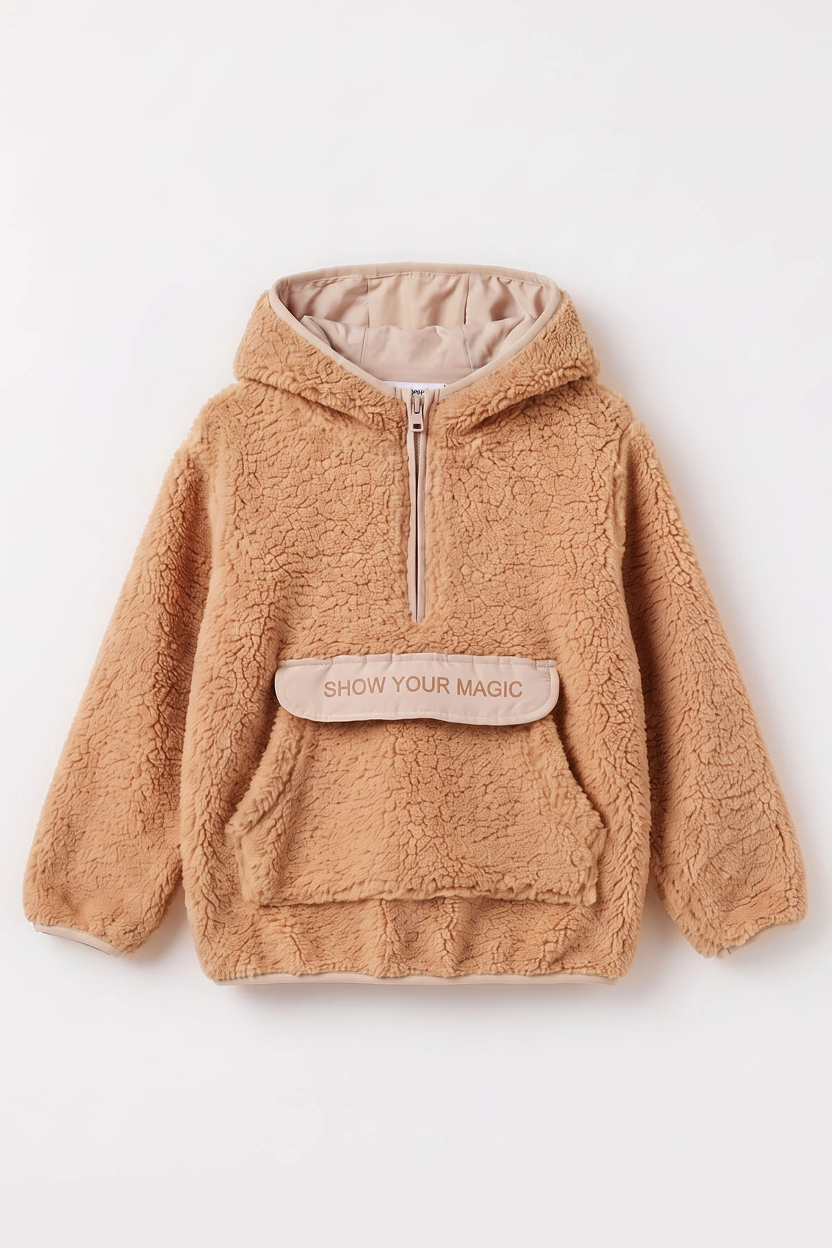 Bisküvi (1-8 Yaş) Nakışlı Kapüşonlu Kanguru Cepli Yarım Fermuarlı Kuzu Kız &Bebek Çocuk Sweatshirt 496332