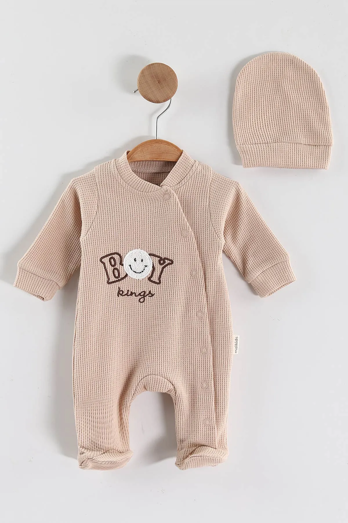 Bisküvi (1-9 Ay)Boy Nakışlı Waffle Kumaş Çapraz Çıtçıtlı Erkek Bebek Tulum 434936