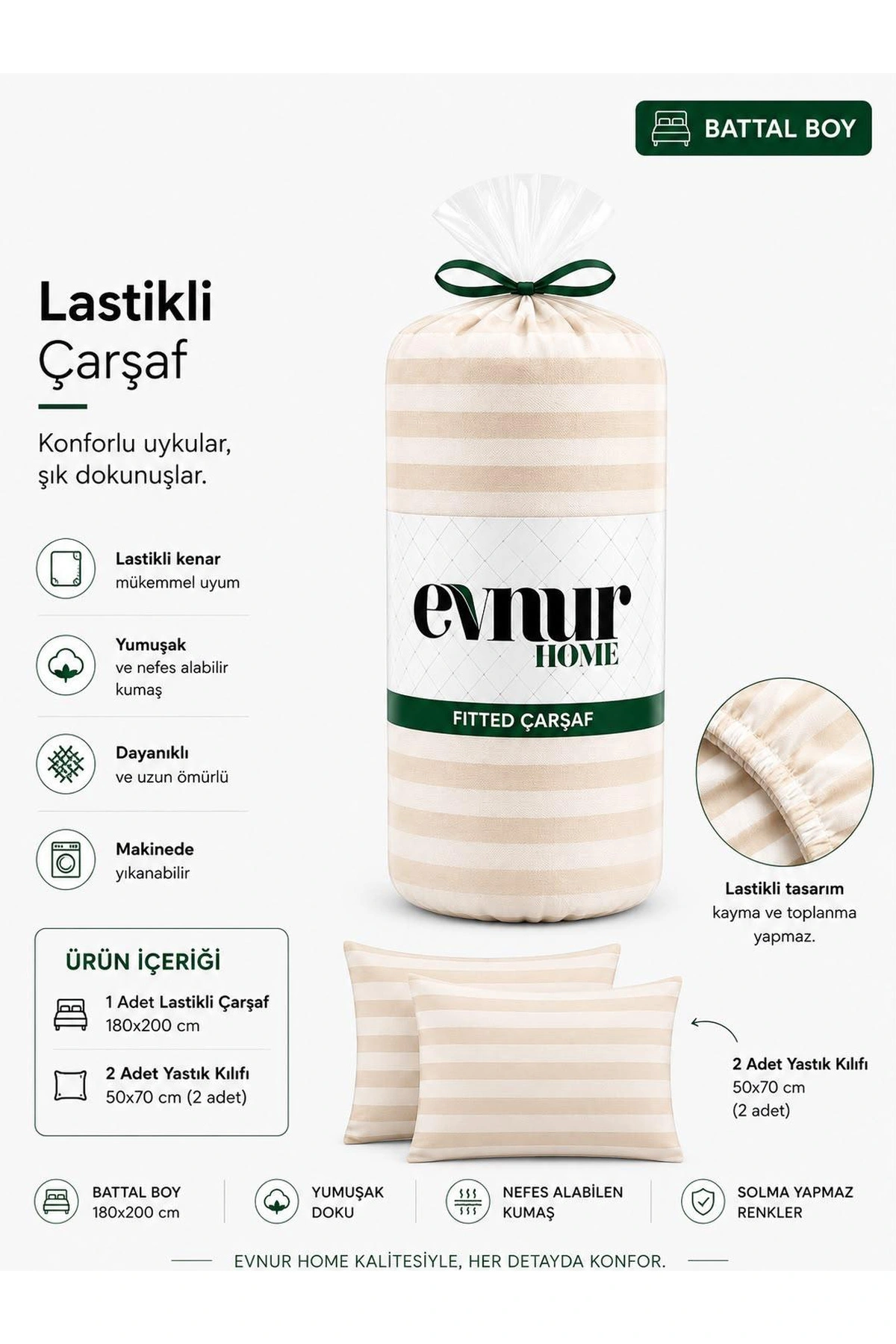 Bisküvi 180x200 Cm  Evnur Home Çizgili Çift Kişilik Fitted (Lastikli) Çarşaf Takımı 497760