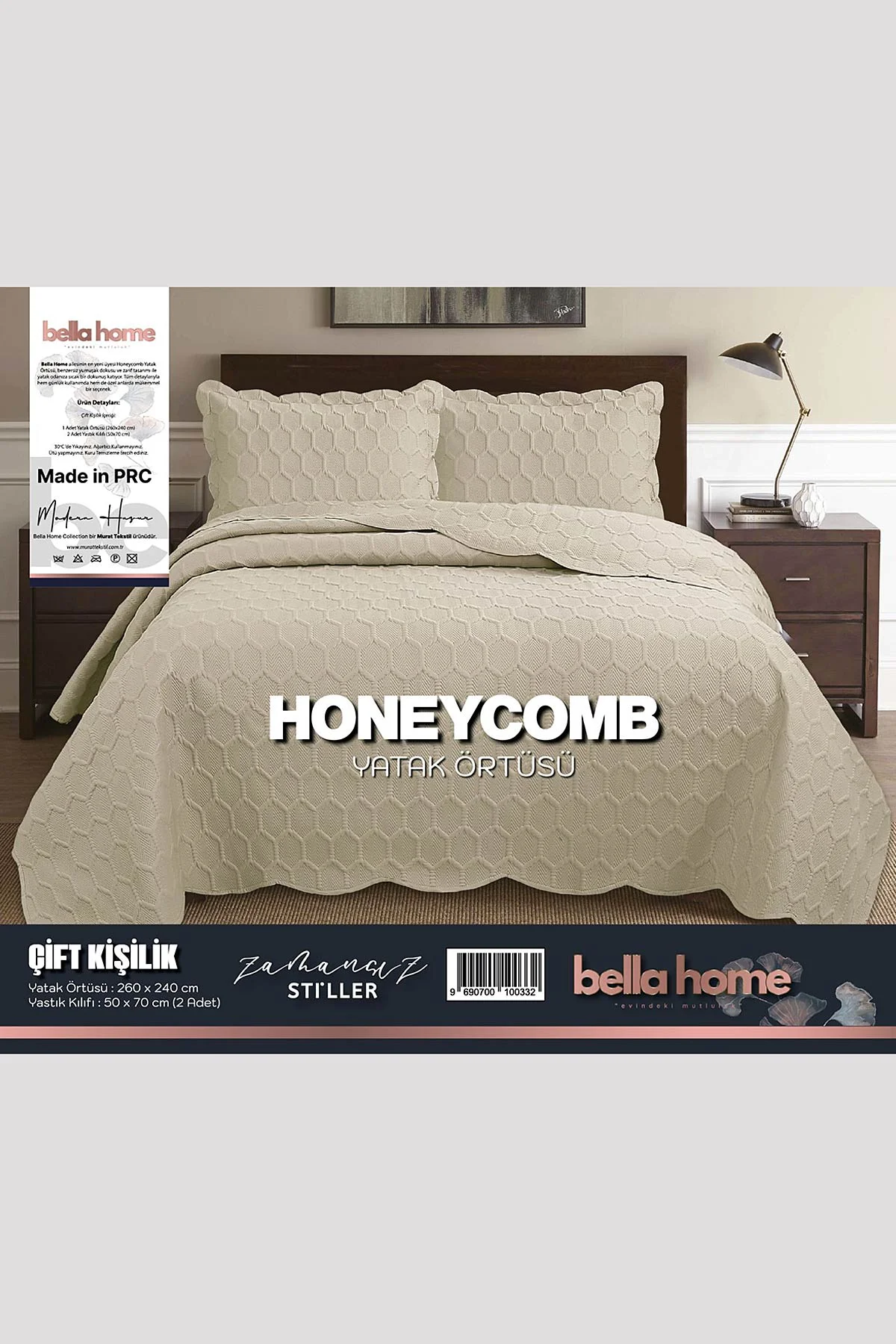 Bisküvi 260x240 Cm Bella Home Çift Kişilik Honeycomb 3D Yatak Örtüsü 395110