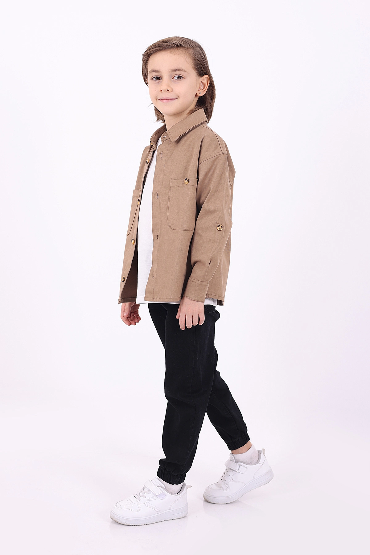Bisküvi (5-14 Yaş) Çift Cepli Oversize Kalıp Erkek Çocuk Gabardin Gömlek 323433