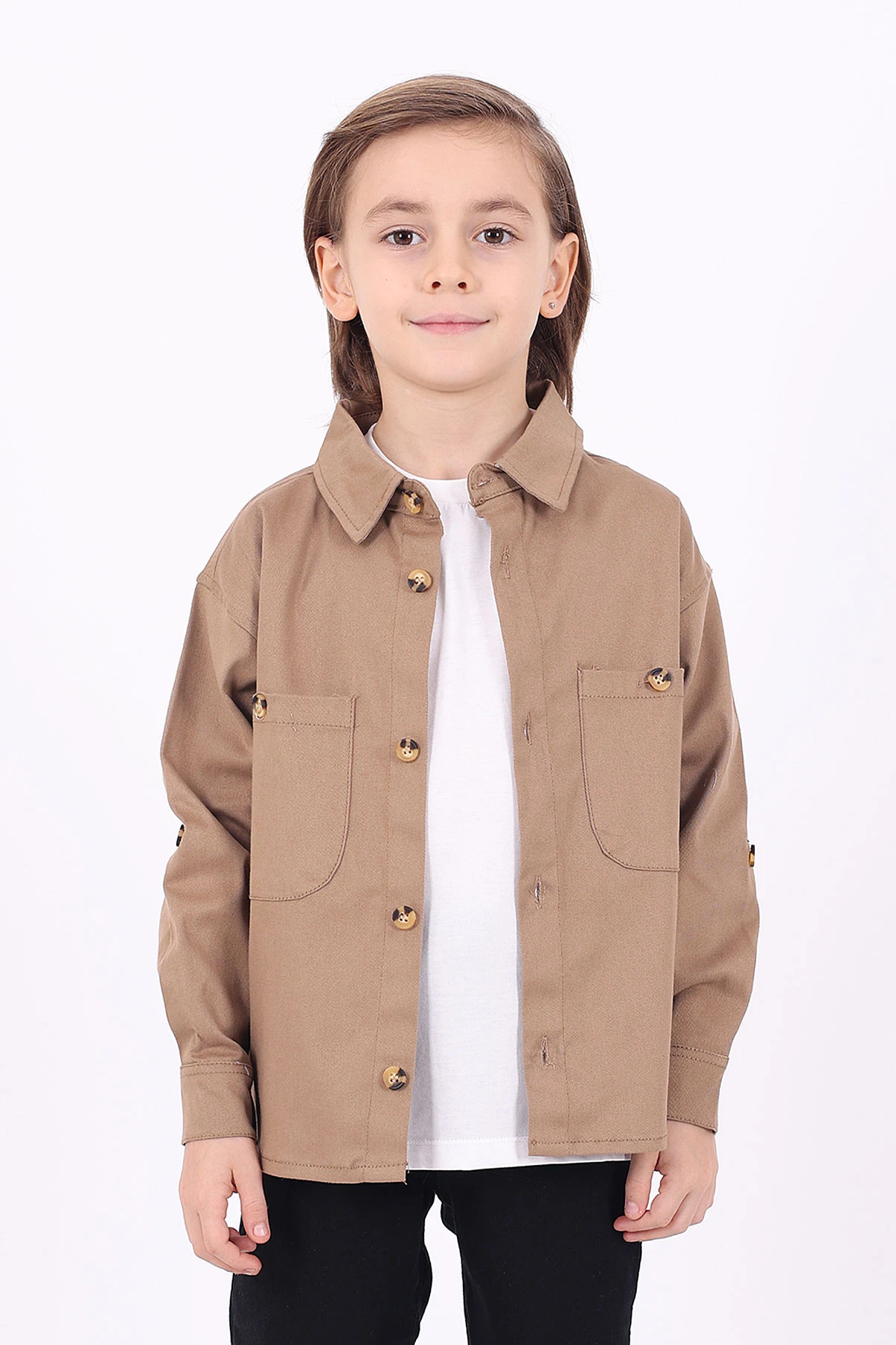 Bisküvi (5-14 Yaş) Çift Cepli Oversize Kalıp Erkek Çocuk Gabardin Gömlek 323433