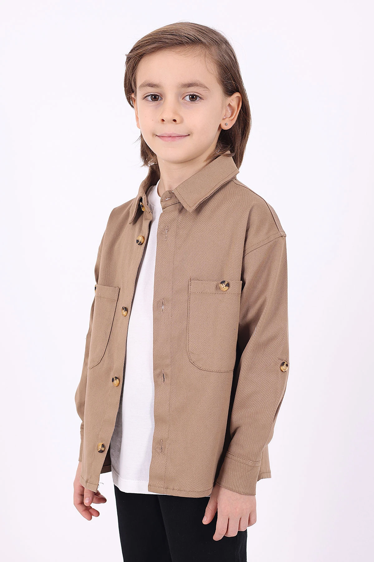 Bisküvi (5-14 Yaş) Çift Cepli Oversize Kalıp Erkek Çocuk Gabardin Gömlek 323433