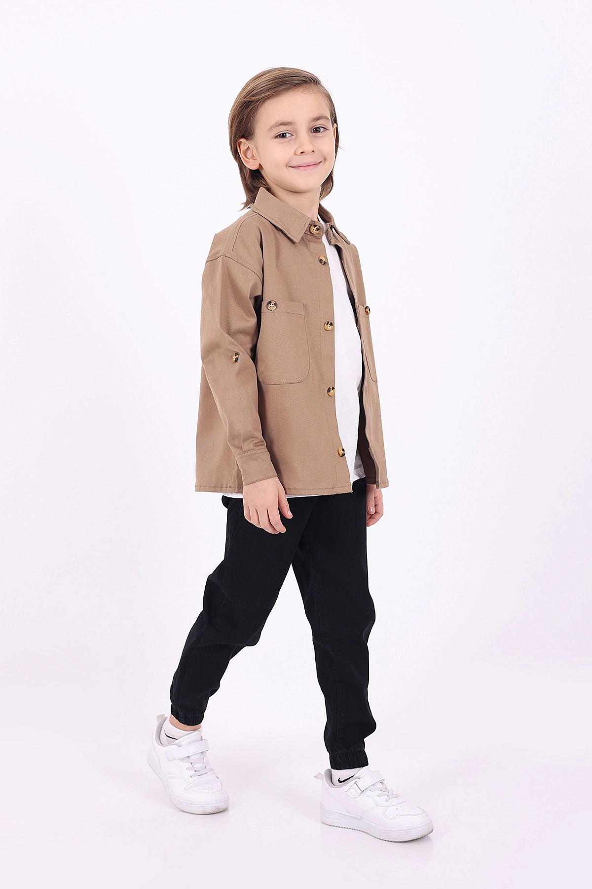 Bisküvi (5-14 Yaş) Çift Cepli Oversize Kalıp Erkek Çocuk Gabardin Gömlek 323433