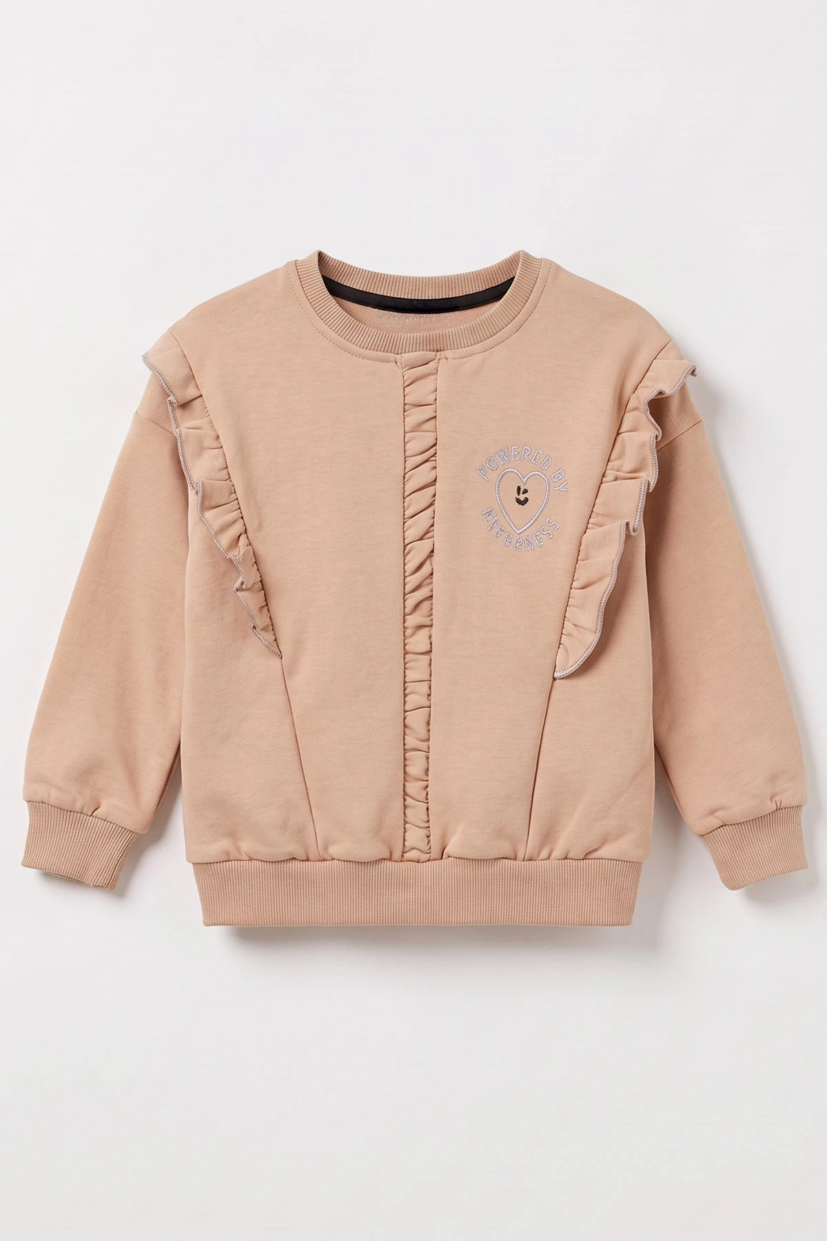 Bisküvi (4-8 Yaş) Büzgülü Fırfırlı Kalp Nakışlı 2 İp Şardonlu Kız Çocuk Sweatshirt 489316