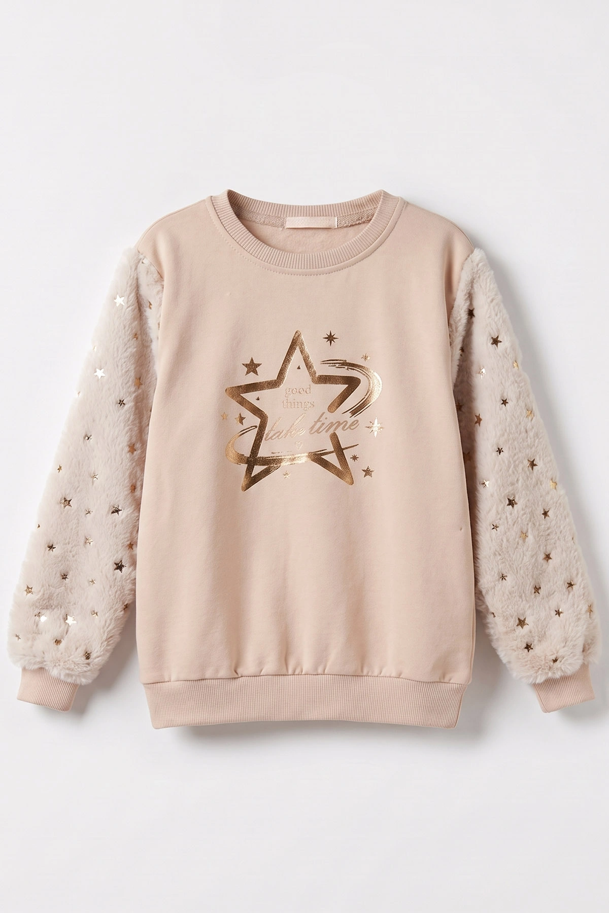 Bisküvi (5-13 Yaş) Kolu Yıldız Baskılı ve Peluşlu İçi Şardonlu Kız Çocuk Sweatshirt 483259
