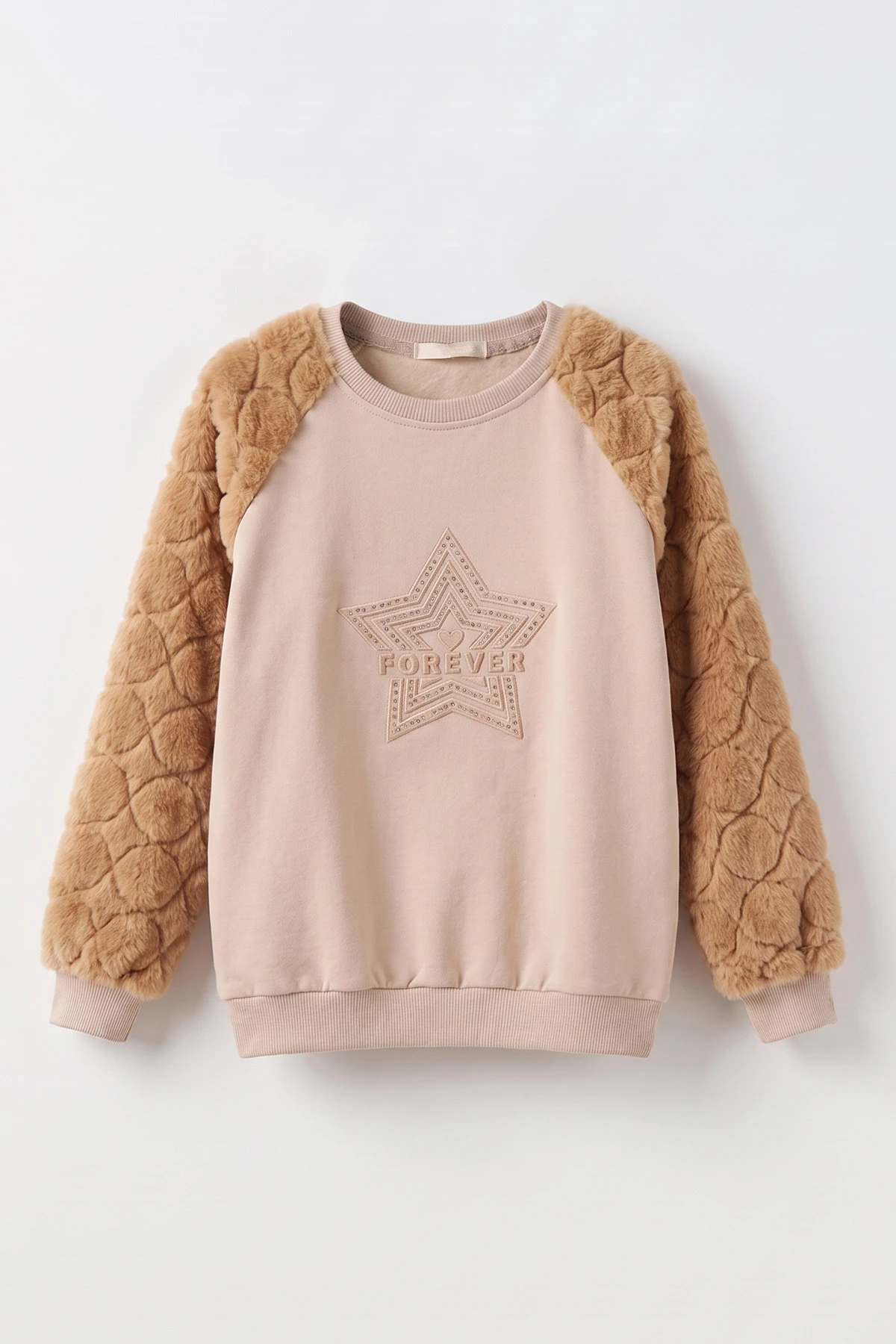 Bisküvi (5-13 Yaş) Yıldız Baskılı Kolları Peluşlu İçi Hafif Pamuklu Kız Çocuk Sweatshirt 489290