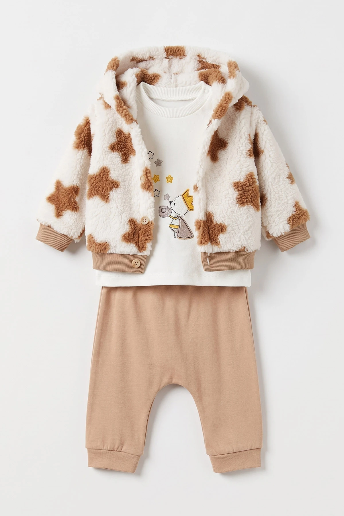Bisküvi (6-12 Ay) Nakışlı Pelüş Ceketli Pantolon Sweatshirt 3'lü Kız Bebek Takım 495565