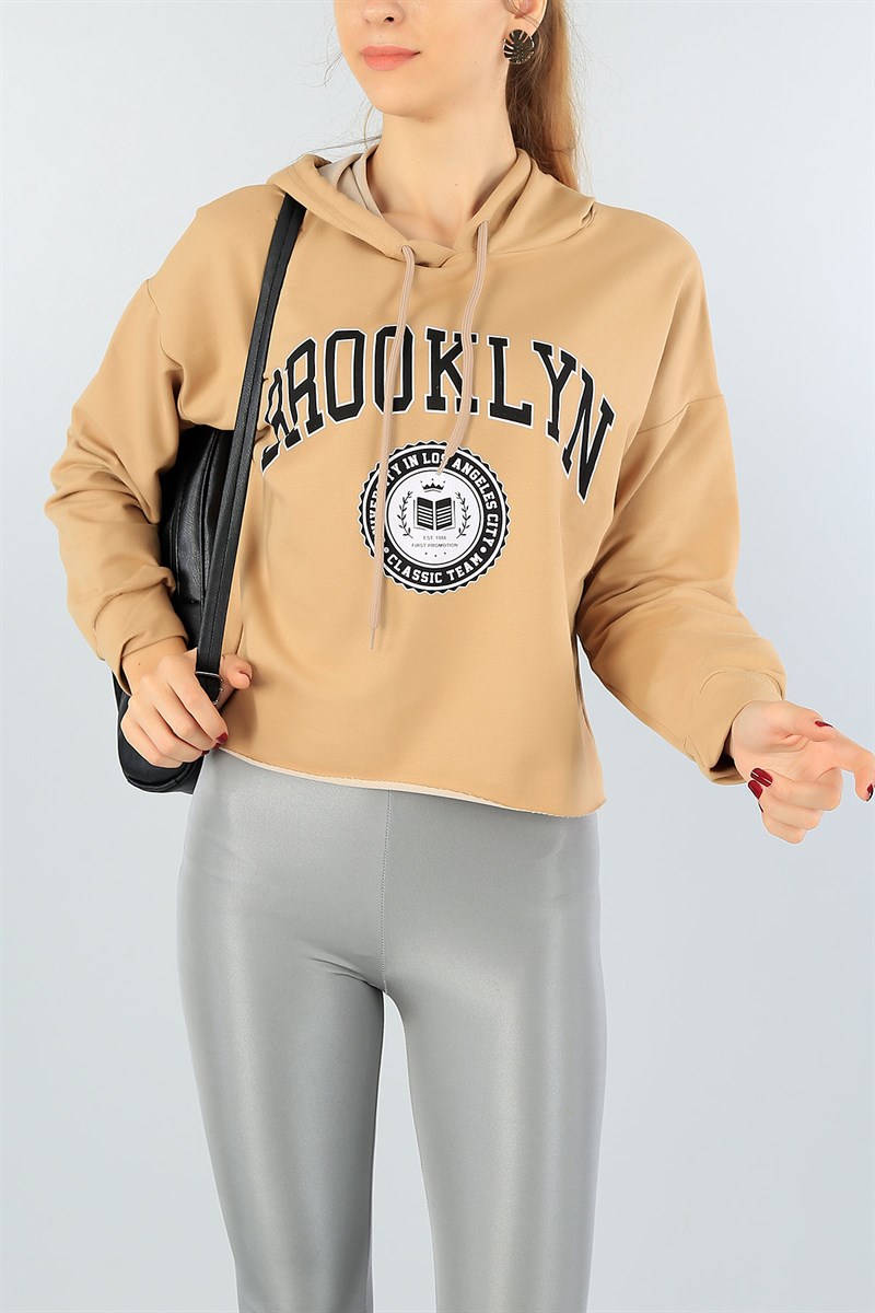 Bisküvi Baskılı Kapüşonlu Crop Sweat 43965