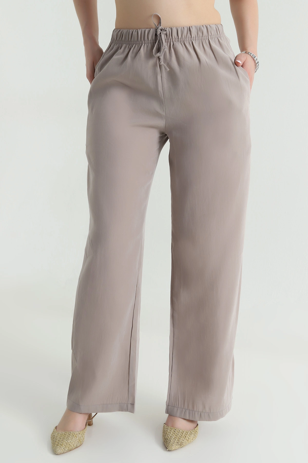 Bisküvi Bel Lastikli Cepli Tencel Kadın Pantolon 474856