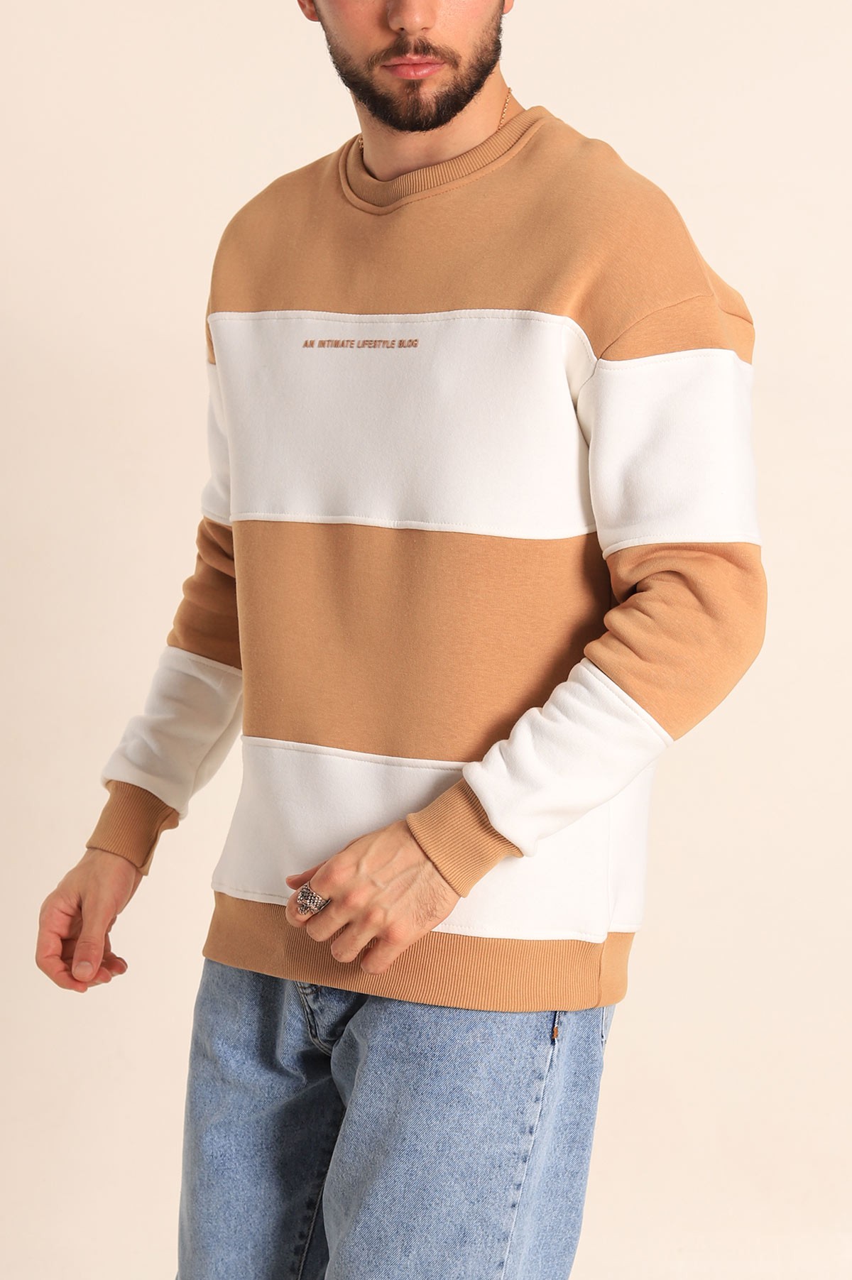 Bisküvi Beyaz Oversize Üç İp Şardonlu Kabartma Yazılı Erkek Sweatshirt 225867