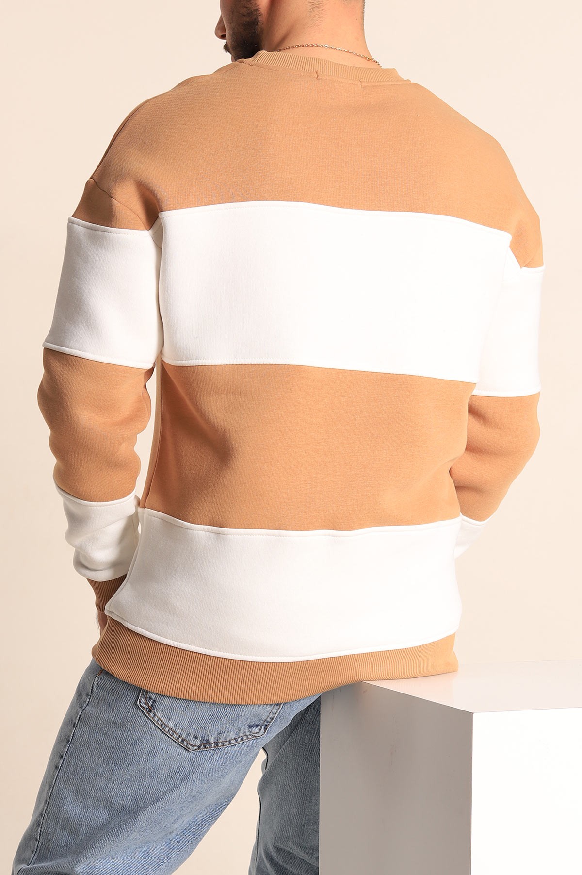 Bisküvi Beyaz Oversize Üç İp Şardonlu Kabartma Yazılı Erkek Sweatshirt 225867