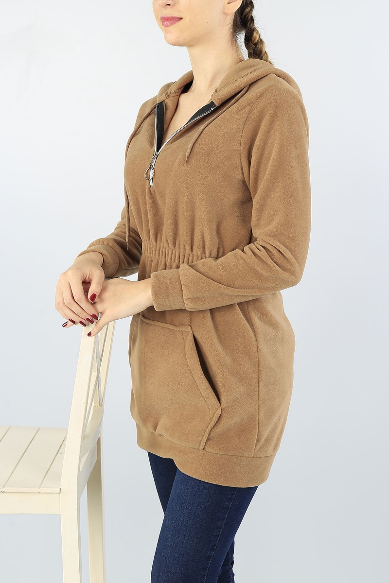 Bisküvi Cepli Kapüşonlu Bayan Polarlı Sweat Tunik 53056