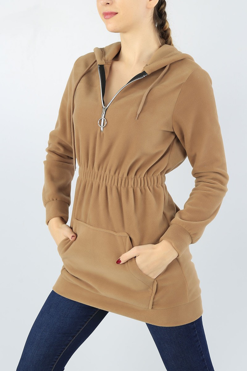 Bisküvi Cepli Kapüşonlu Bayan Polarlı Sweat Tunik 53056