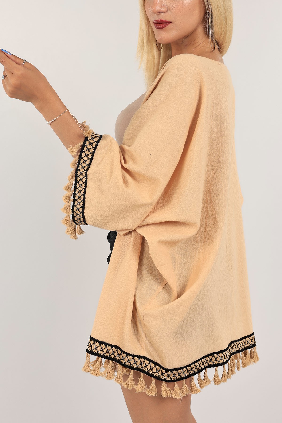 Bisküvi Dantelli Keten Kimono Hırka 124767