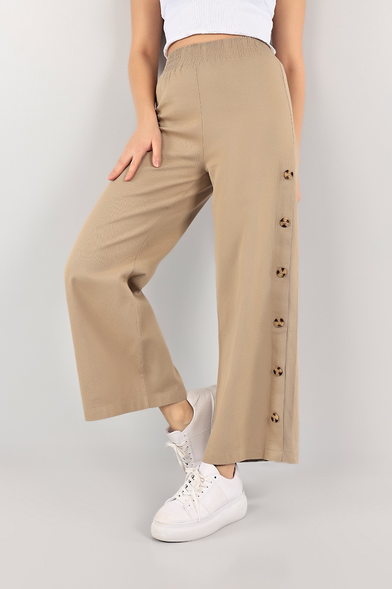 Bisküvi Düğmeli Tasarım Bol Paça Gabardin Pantolon 103238