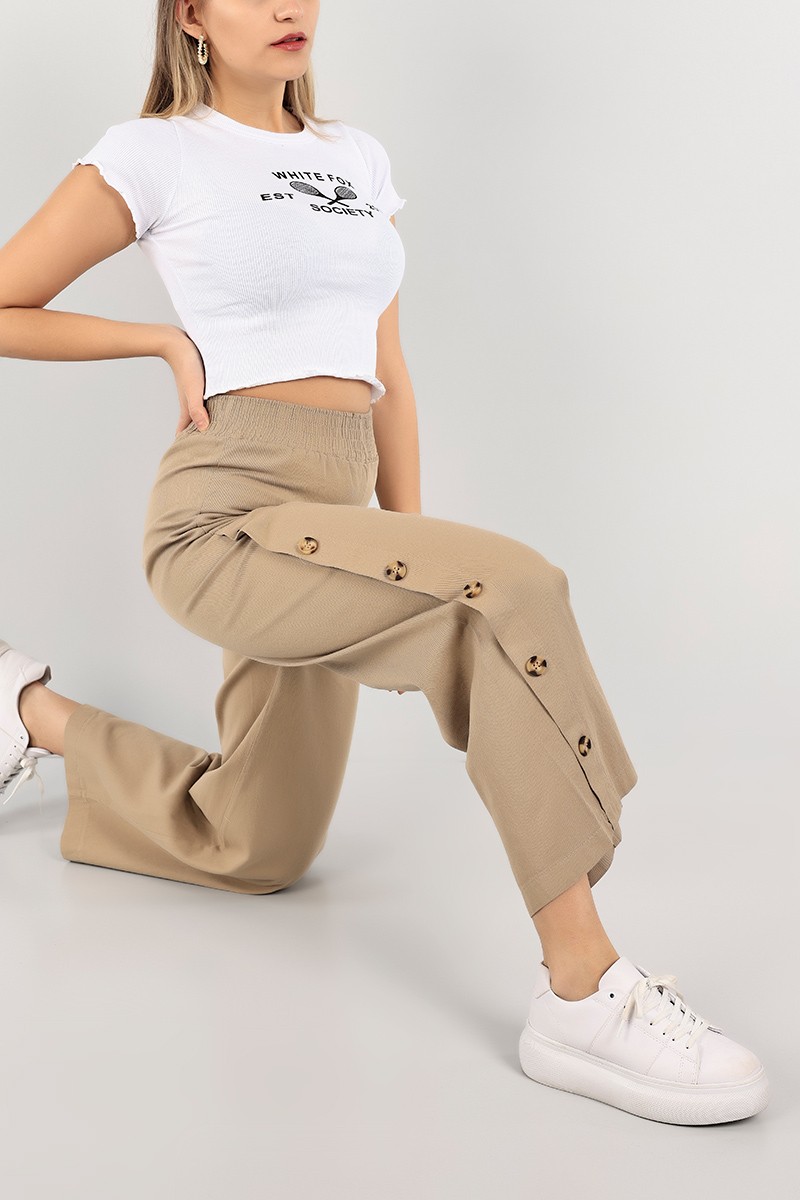 Bisküvi Düğmeli Tasarım Bol Paça Gabardin Pantolon 103238