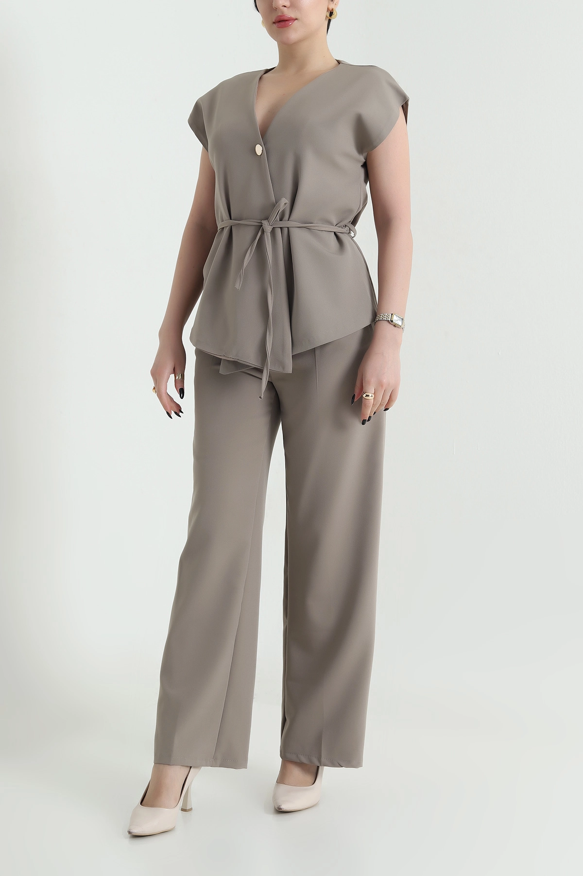 Bisküvi Gold Düğmeli Yelekli Atlas Kadın İkili Takım 452806