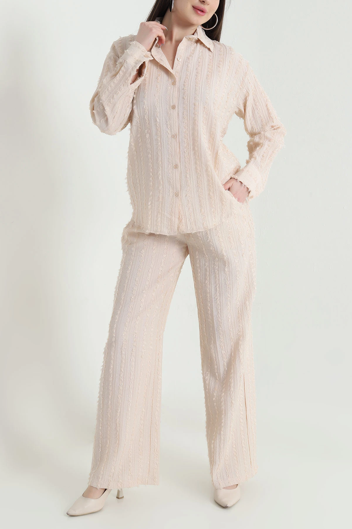 Bisküvi Gömlek Pantolon Açelya Kesme Saçaklı Kadın İkili Takım 451236