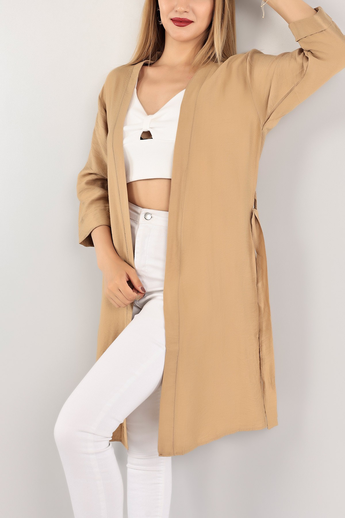 Bisküvi Kemerli Keten Kimono Hırka 116410