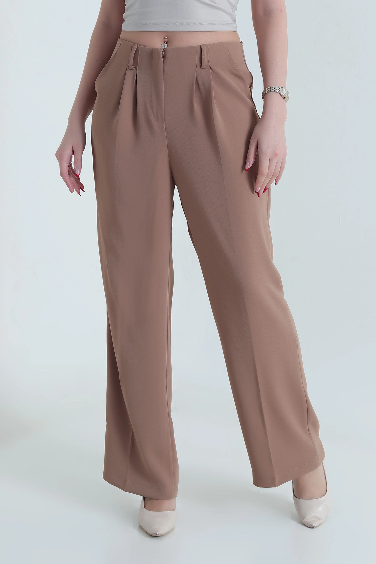 Bisküvi Krep Tencel Fermuarlı Cepli Kadın Pantolon 438805