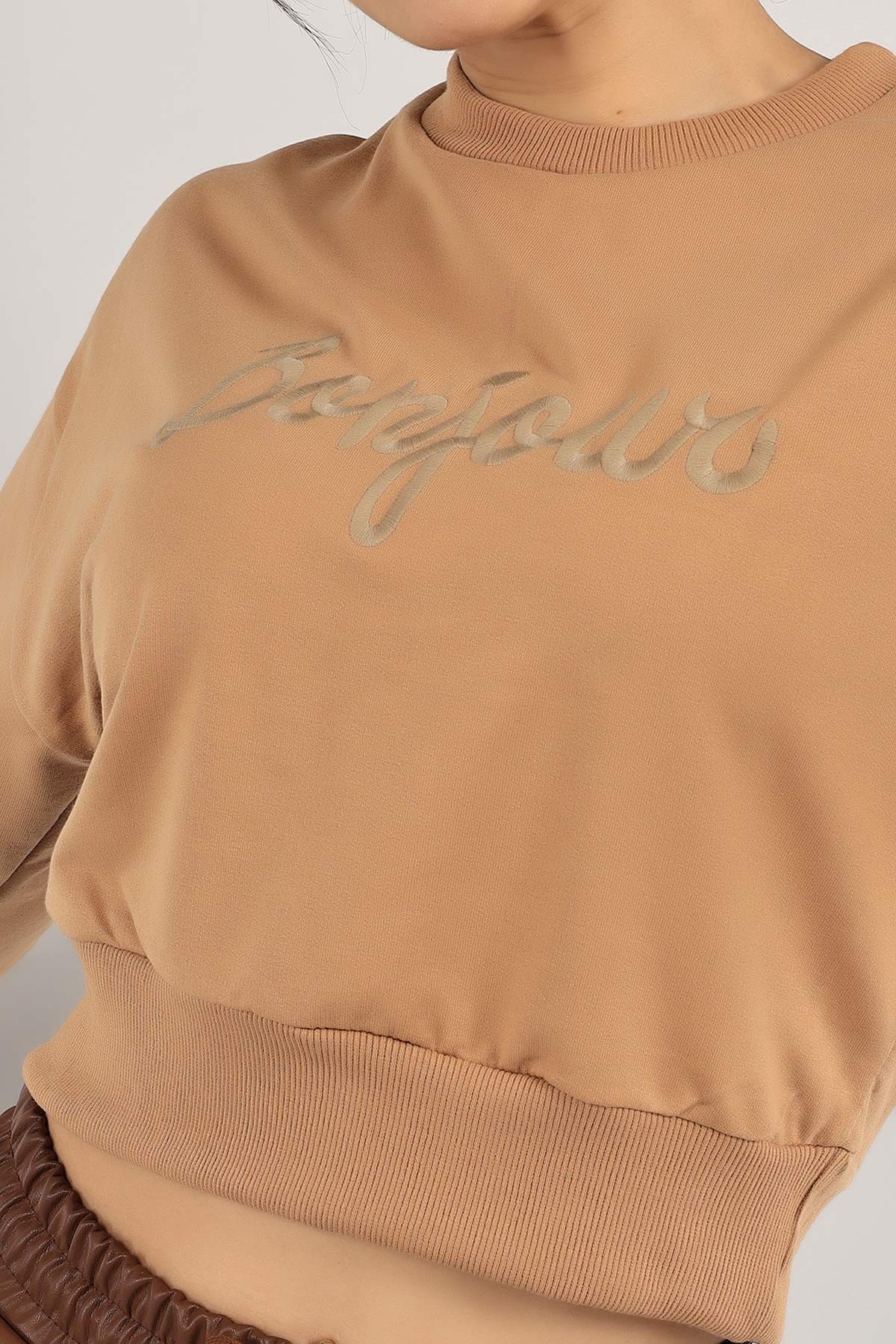 Bisküvi Nakışlı İki İp Crop Sweat 140896