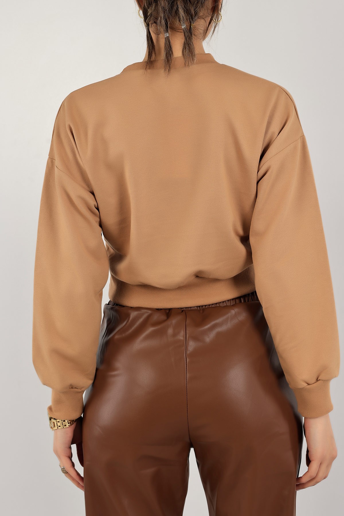 Bisküvi Nakışlı İki İp Crop Sweat 140896