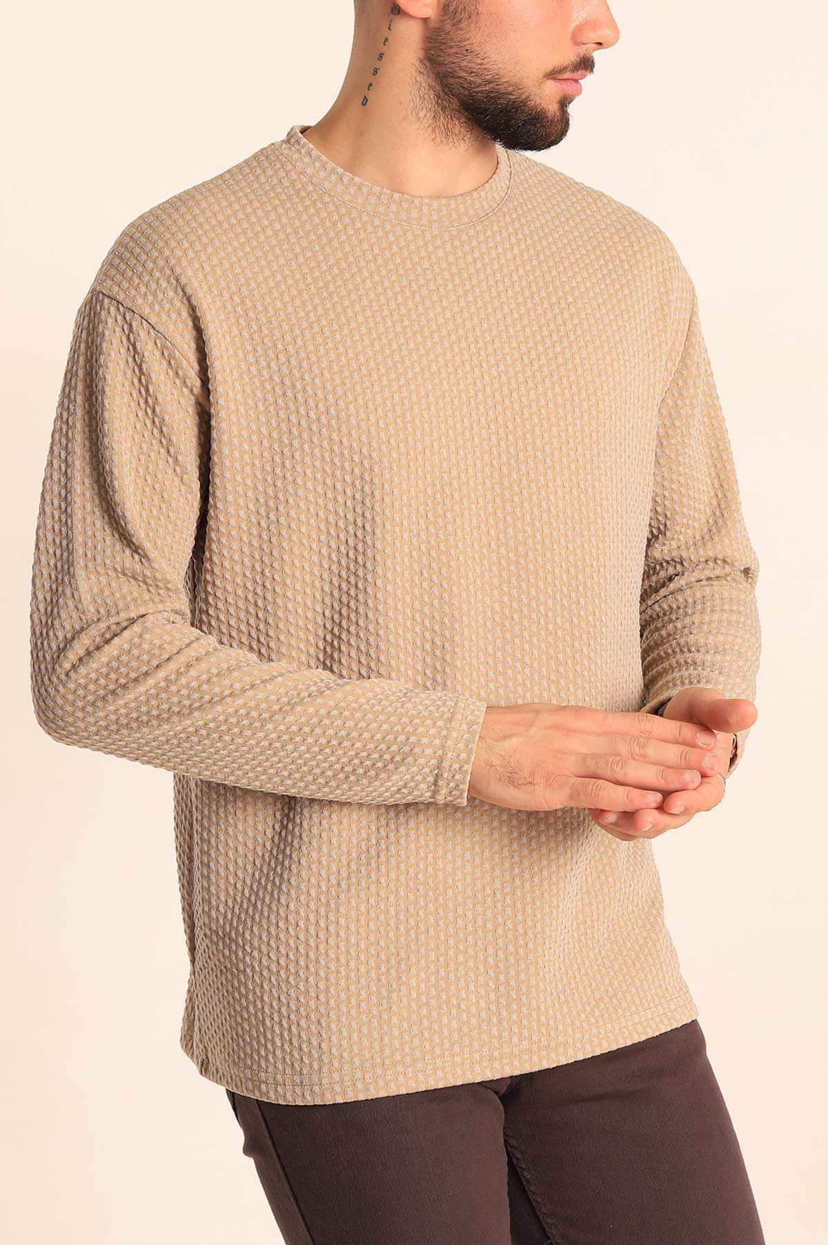 Bisküvi Oversize Bisiklet Yaka Dokulu Erkek Sweat 212706