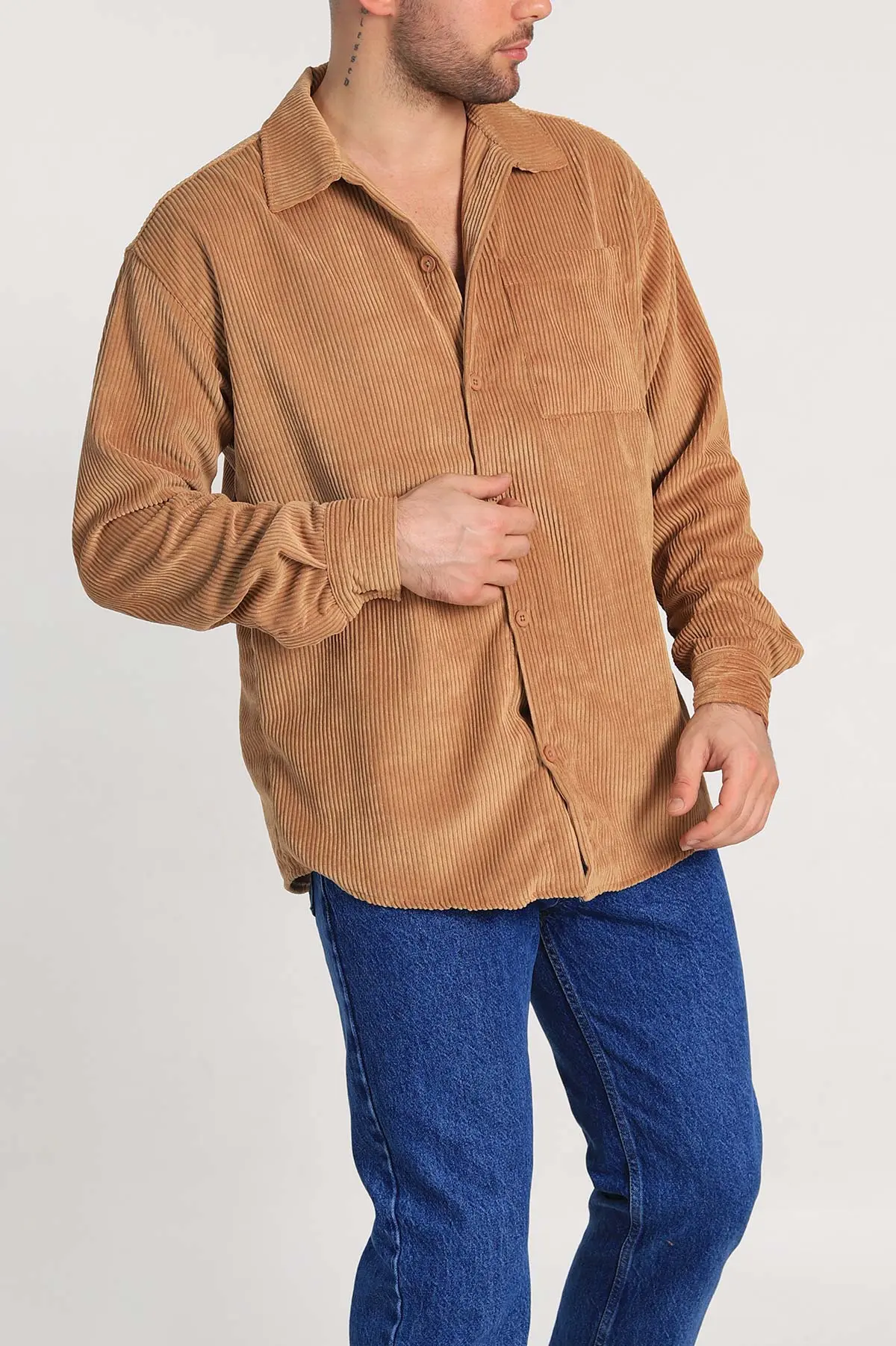 Bisküvi Oversize Fitilli Kadife Cep Detaylı Erkek Gömlek 323861