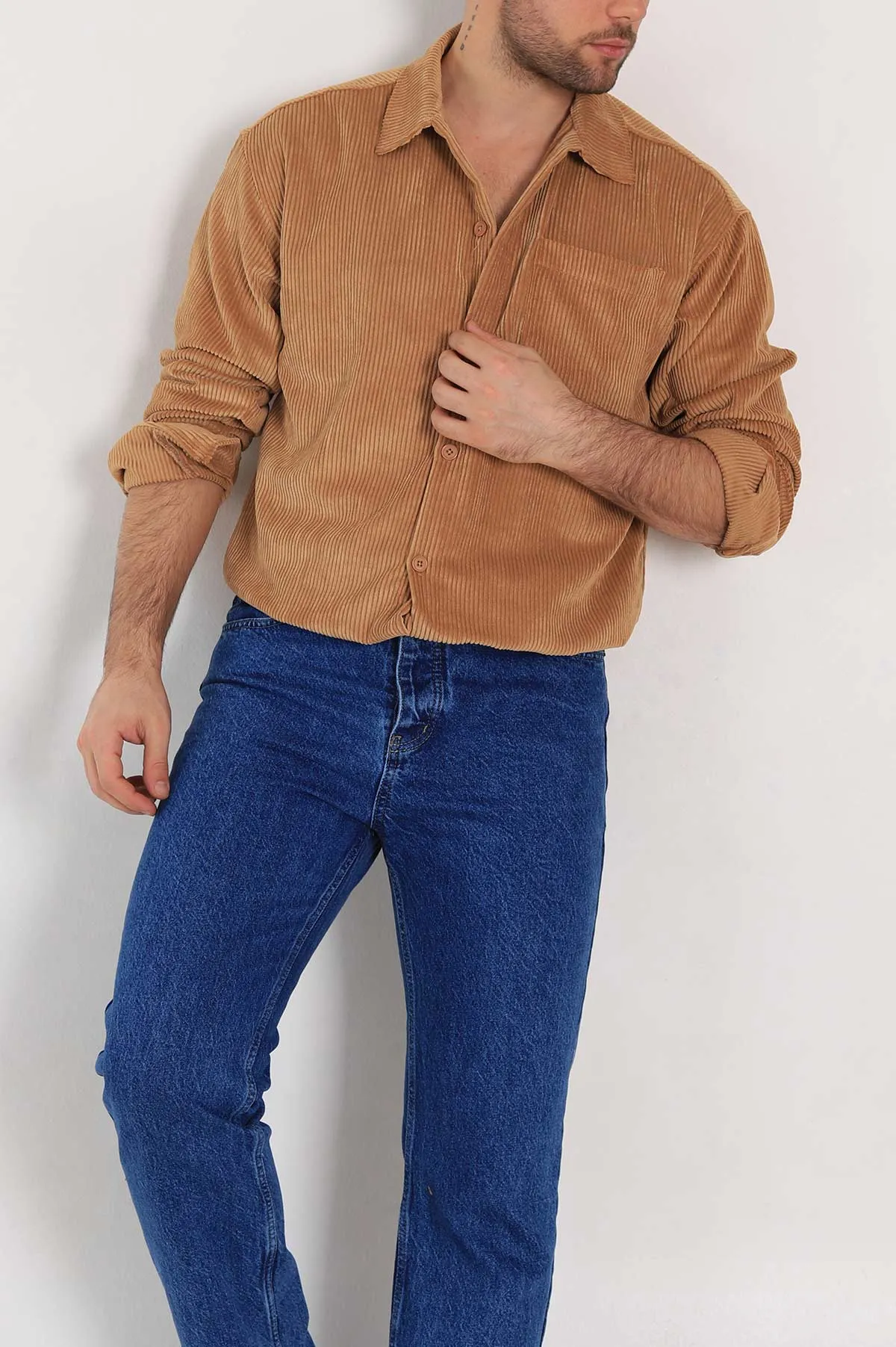 Bisküvi Oversize Fitilli Kadife Cep Detaylı Erkek Gömlek 323861