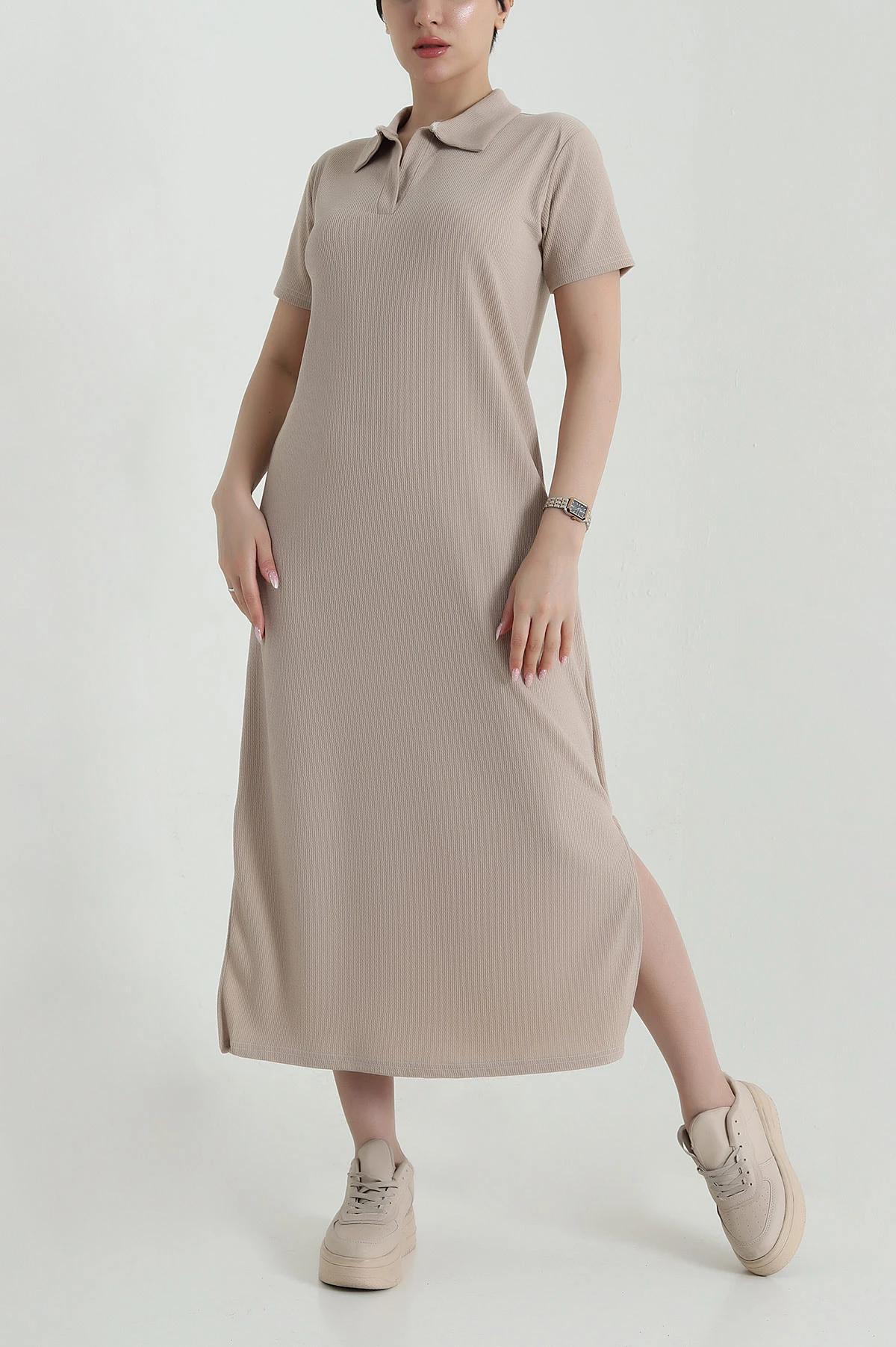 Bisküvi Polo Yaka Bürümcük Kadın Elbise 458680