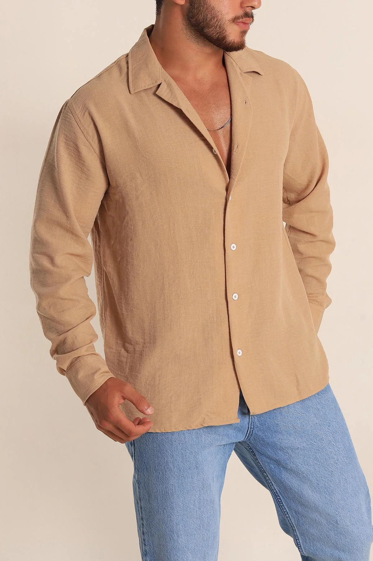 Bisküvi Relaxed Fit Bambu Keten Apaş Yaka Erkek Gömlek 285487