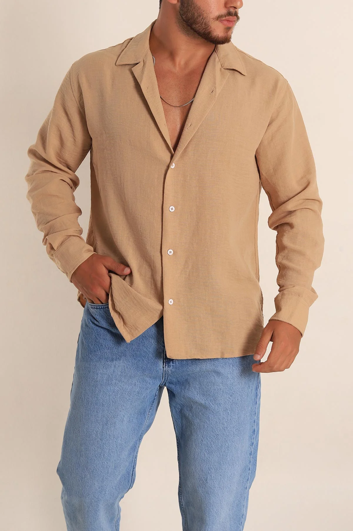 Bisküvi Relaxed Fit Bambu Keten Apaş Yaka Erkek Gömlek 285487