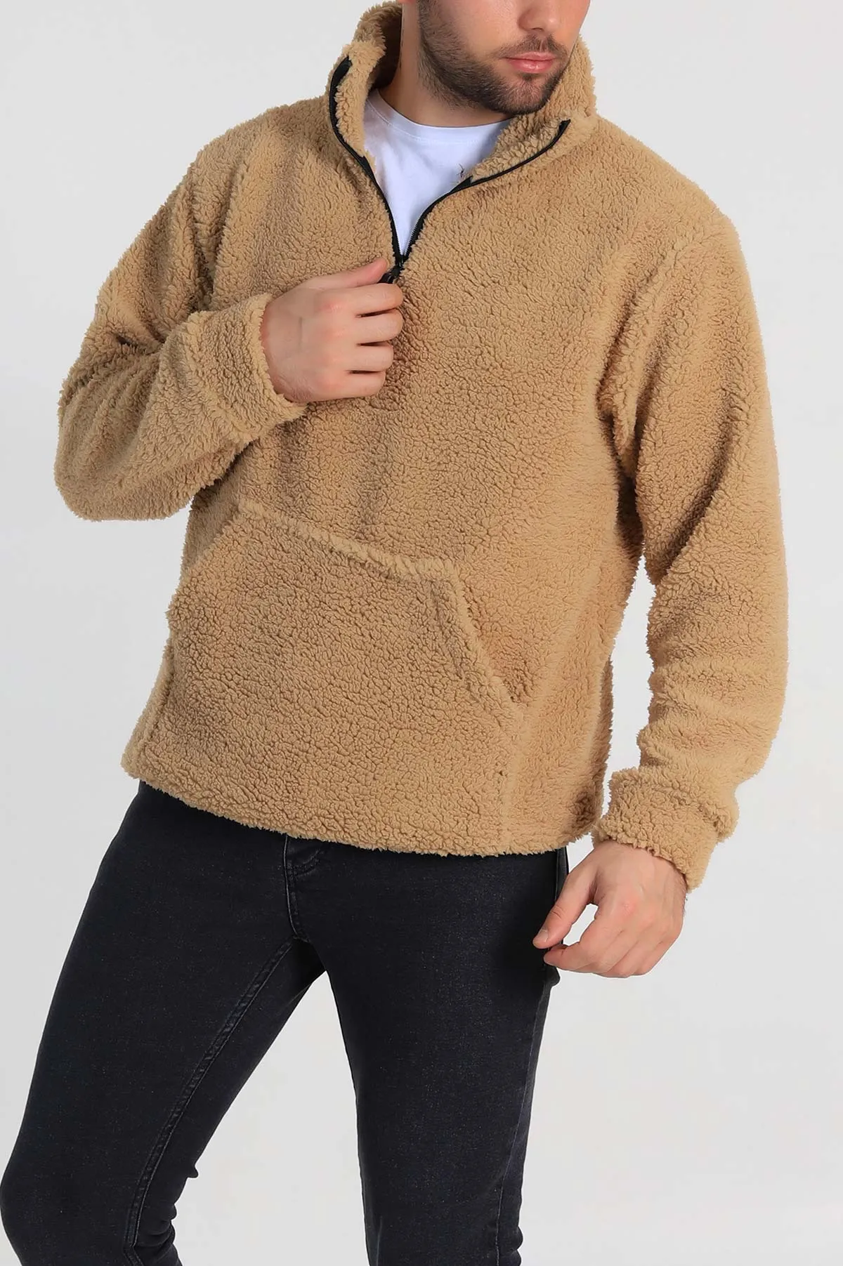 Bisküvi Relaxed Fit Yarım Fermuarlı Cep Detaylı Peluş Kanguru Sweatshirt 330108