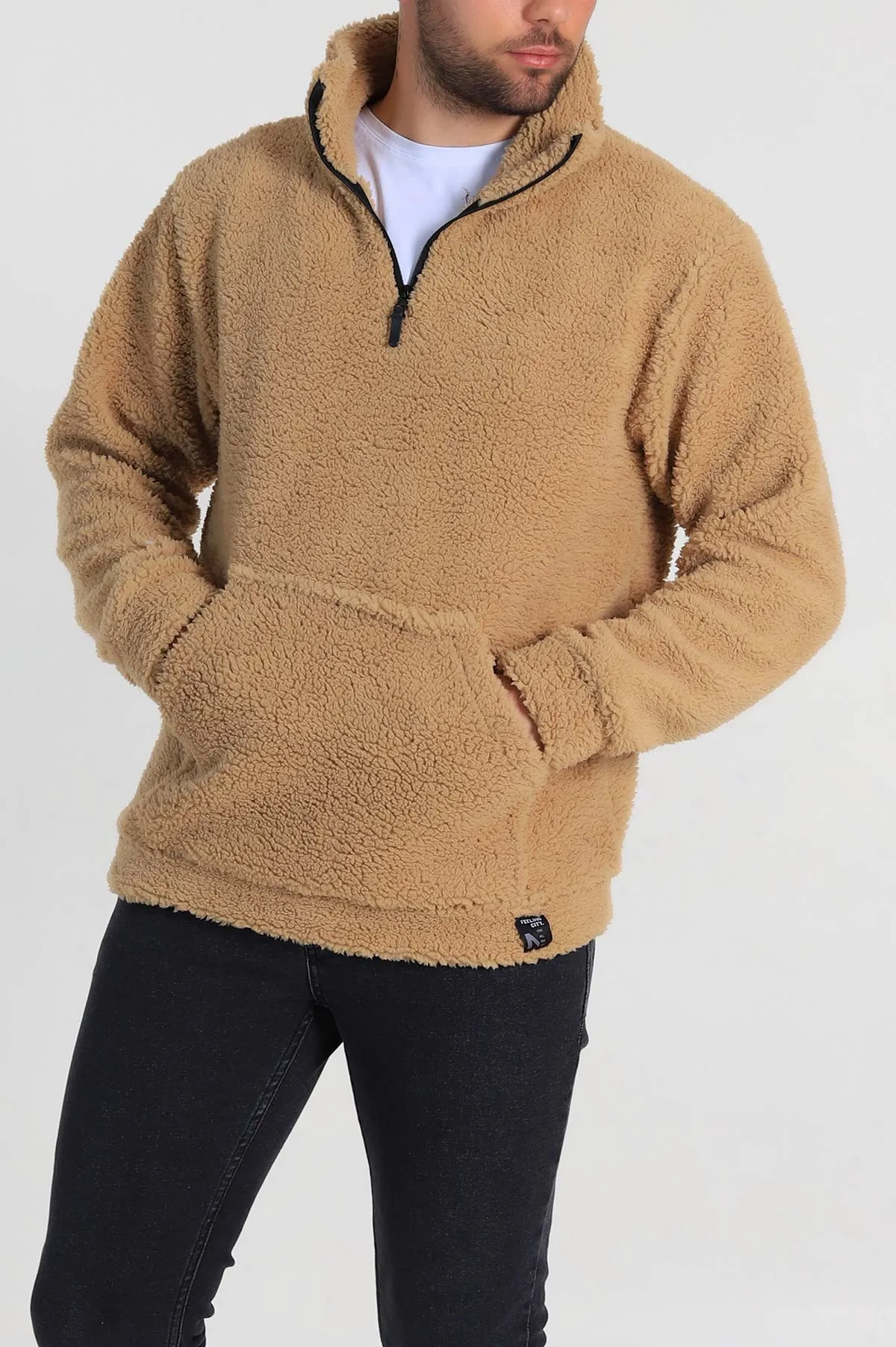 Bisküvi Relaxed Fit Yarım Fermuarlı Cep Detaylı Peluş Kanguru Sweatshirt 330108