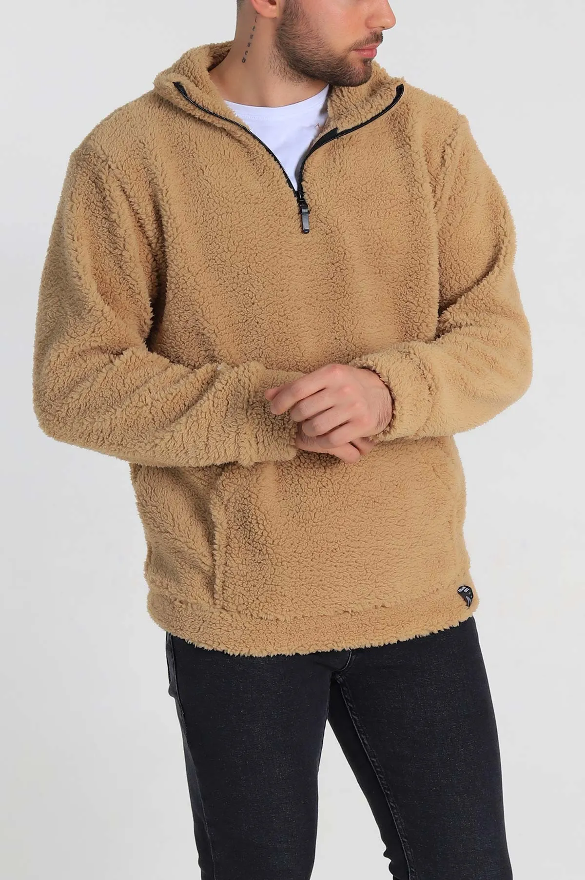 Bisküvi Relaxed Fit Yarım Fermuarlı Cep Detaylı Peluş Kanguru Sweatshirt 330108