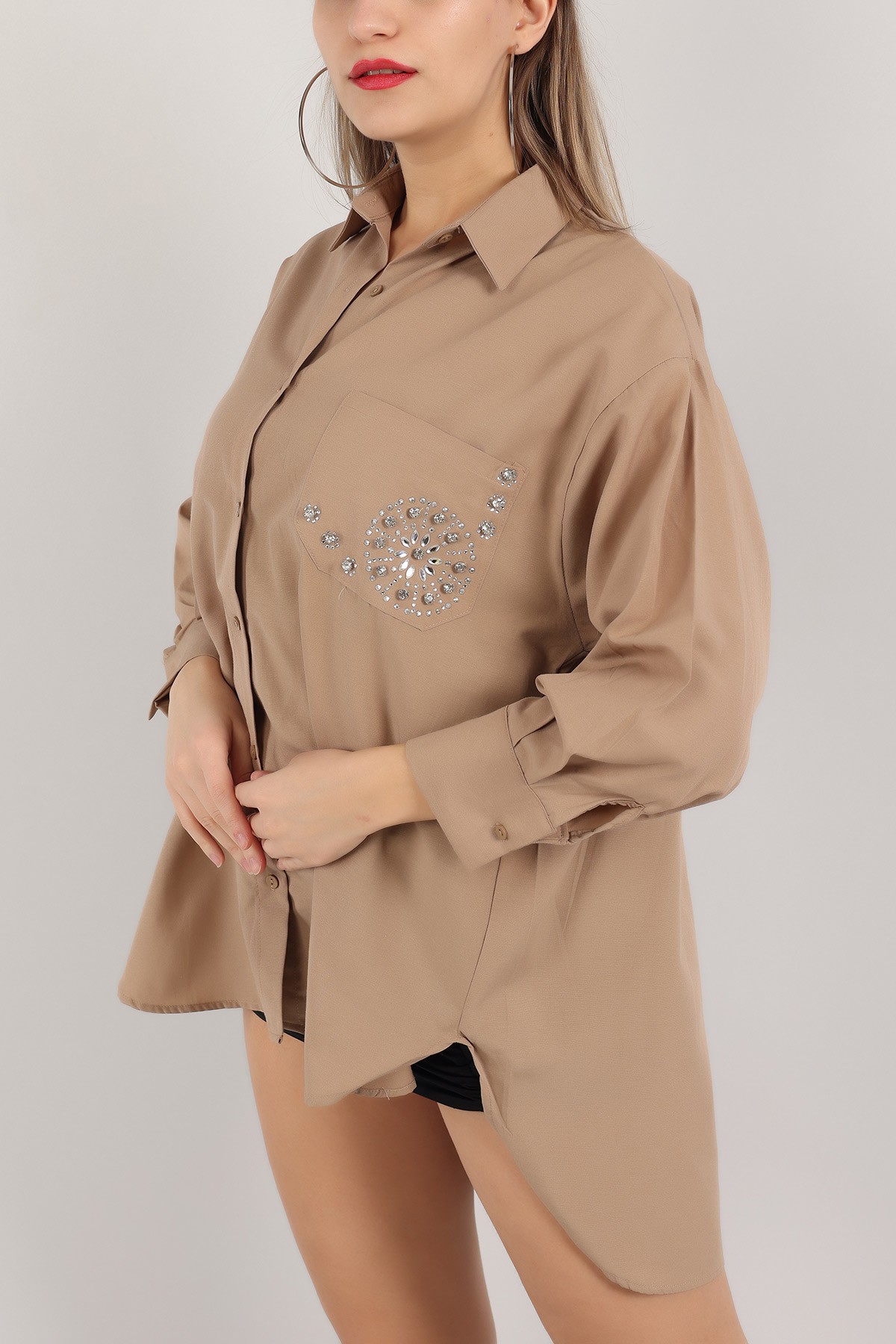 Bisküvi Taş İşlemeli Poplin Dokuma Gömlek Tunik 159249