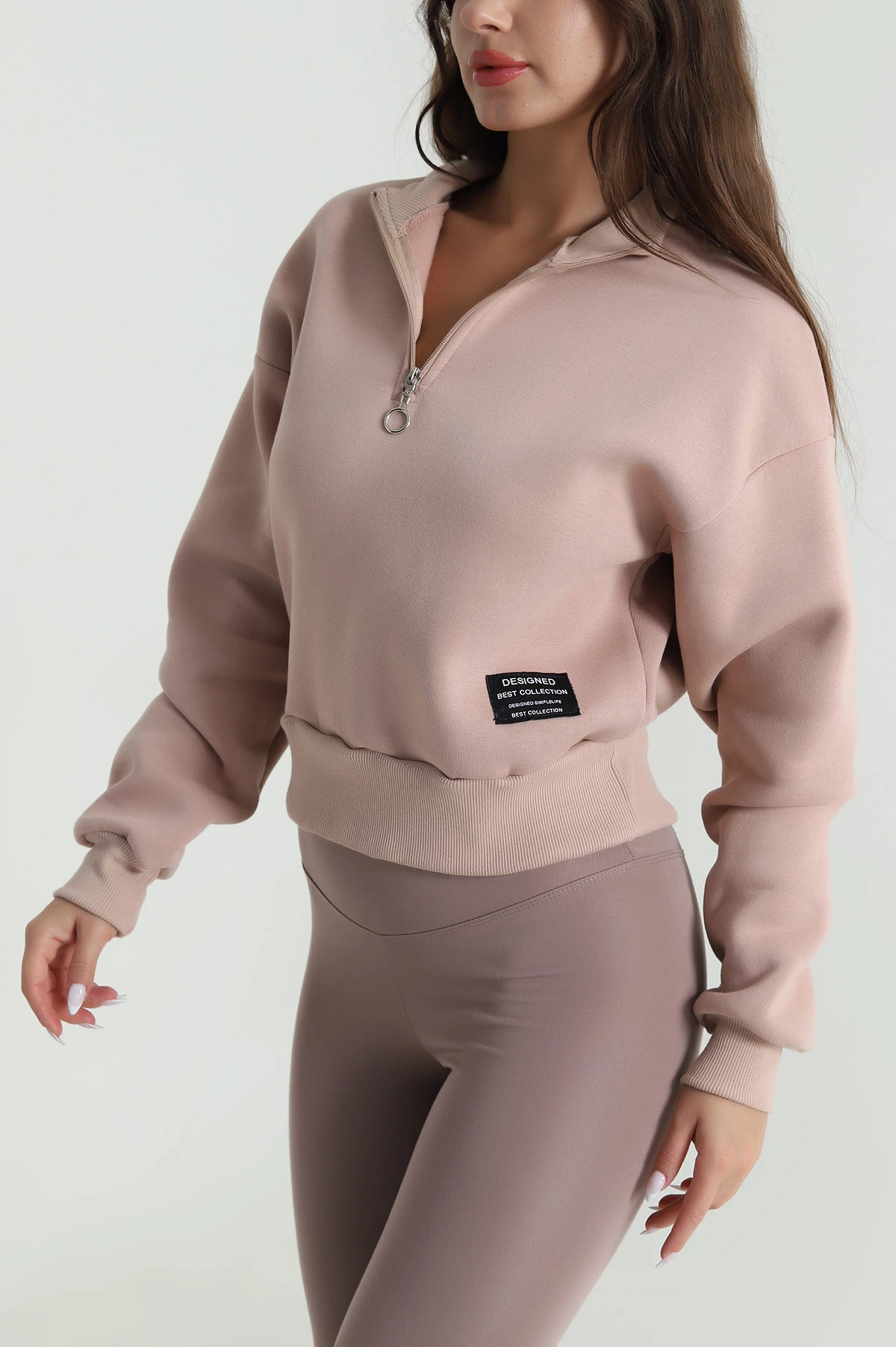 Bisküvi Yakası Fermuarlı Şardonlu Üç İp Kadın Sweat 485305